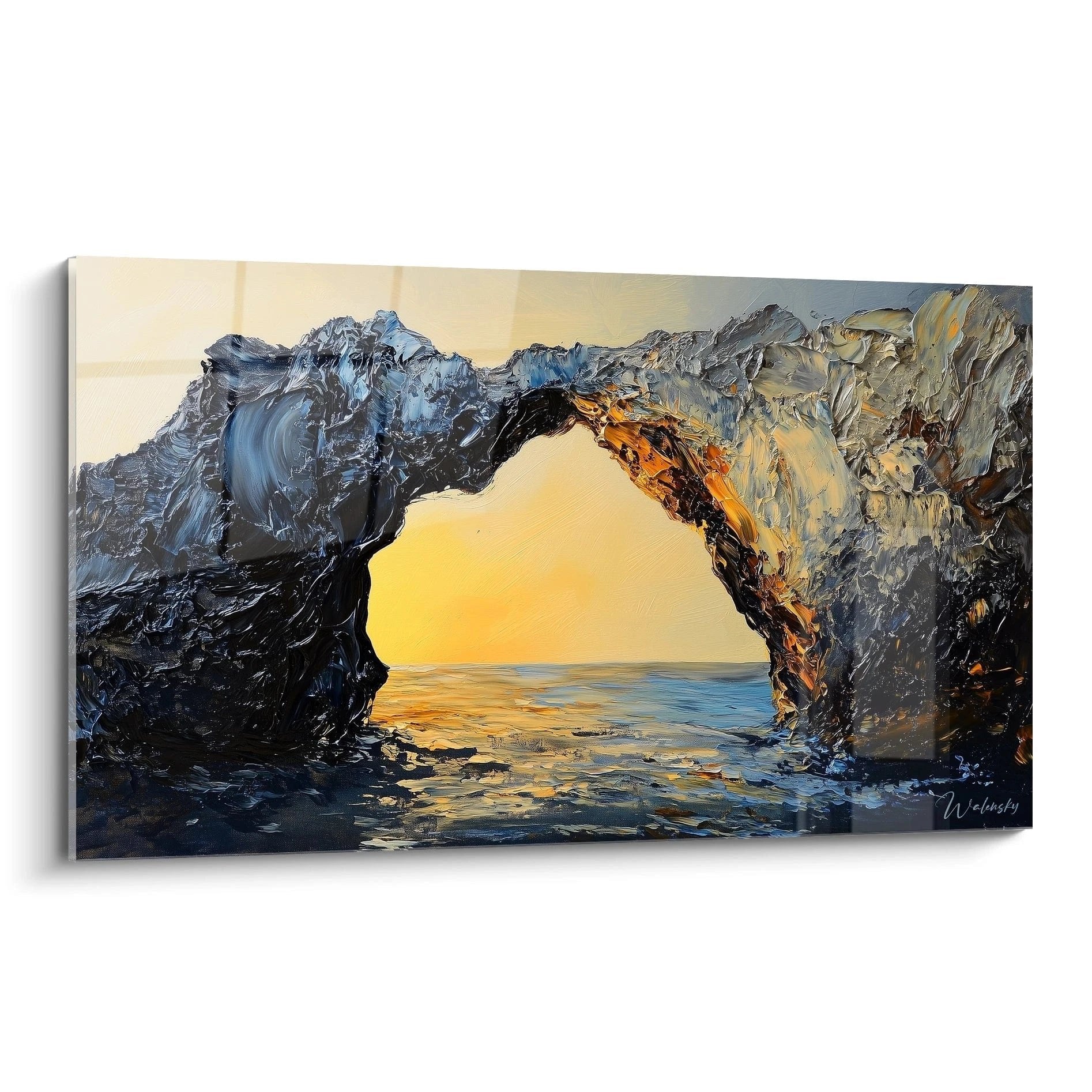 Wandbild Felsentor am Meer mit goldenem Sonnenuntergang und kraftvollen Pinselstrichen - Edition Meer