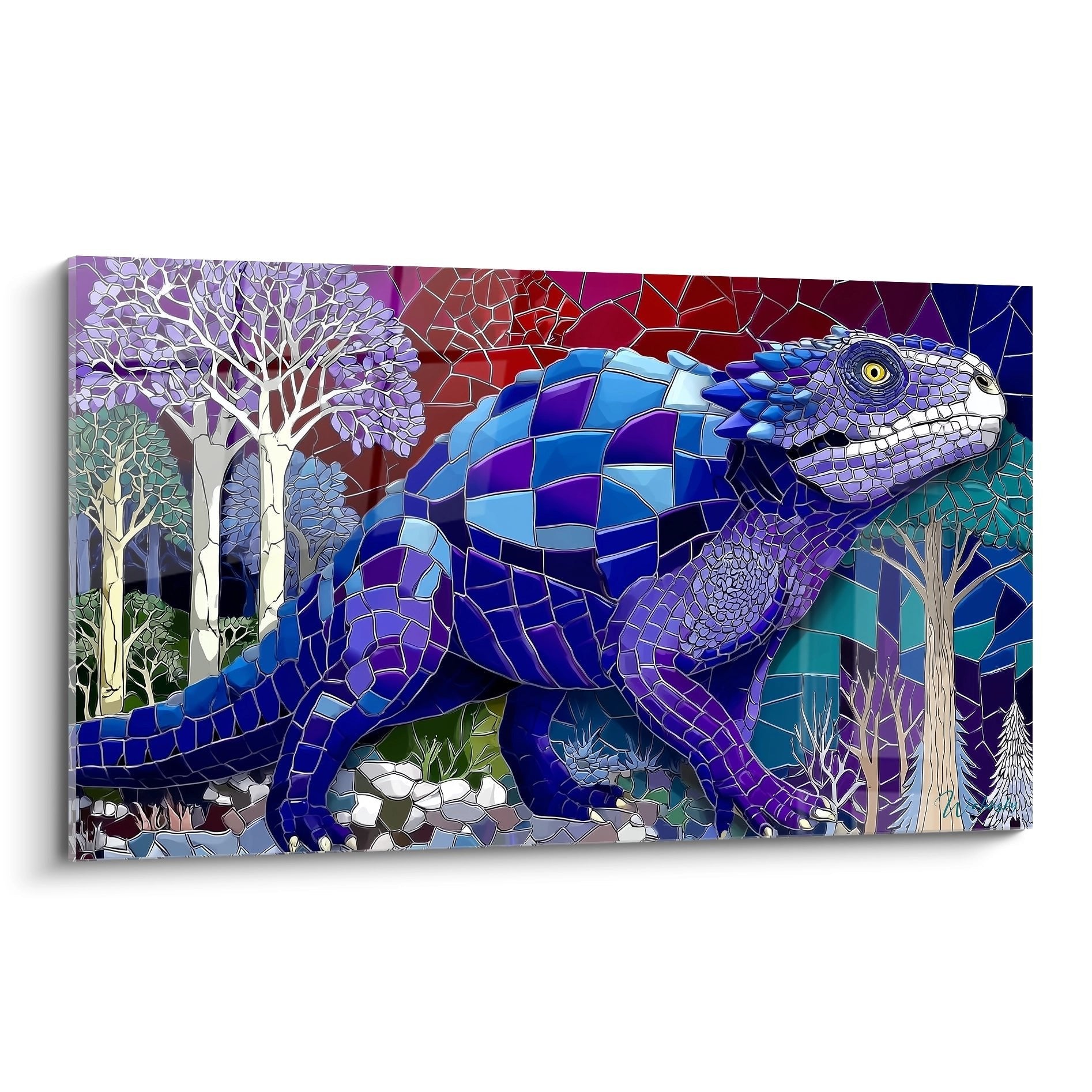 Scutosaurus Wandbild im Mosaik Glasfenster-Stil mit blauen und violetten Farbtönen in prähistorischer Waldlandschaft