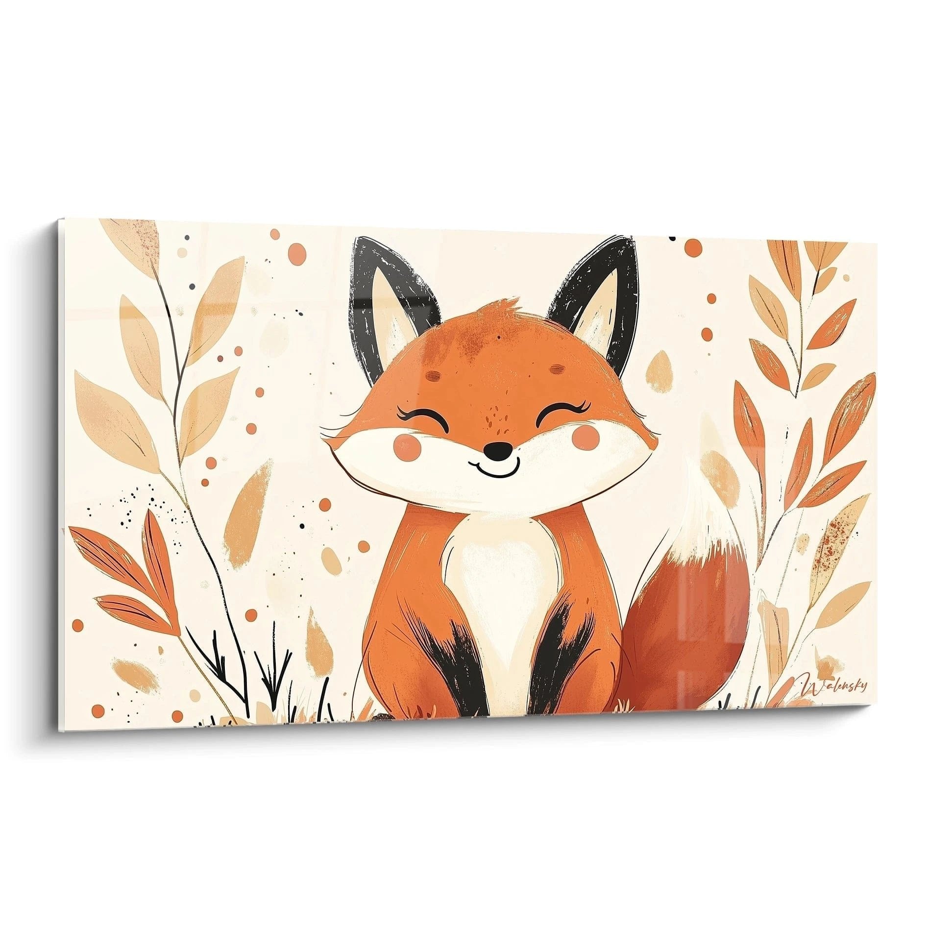Wandbild niedlicher Fuchs mit Herbstblättern in Orange und Beige für Kinderzimmer Dekoration