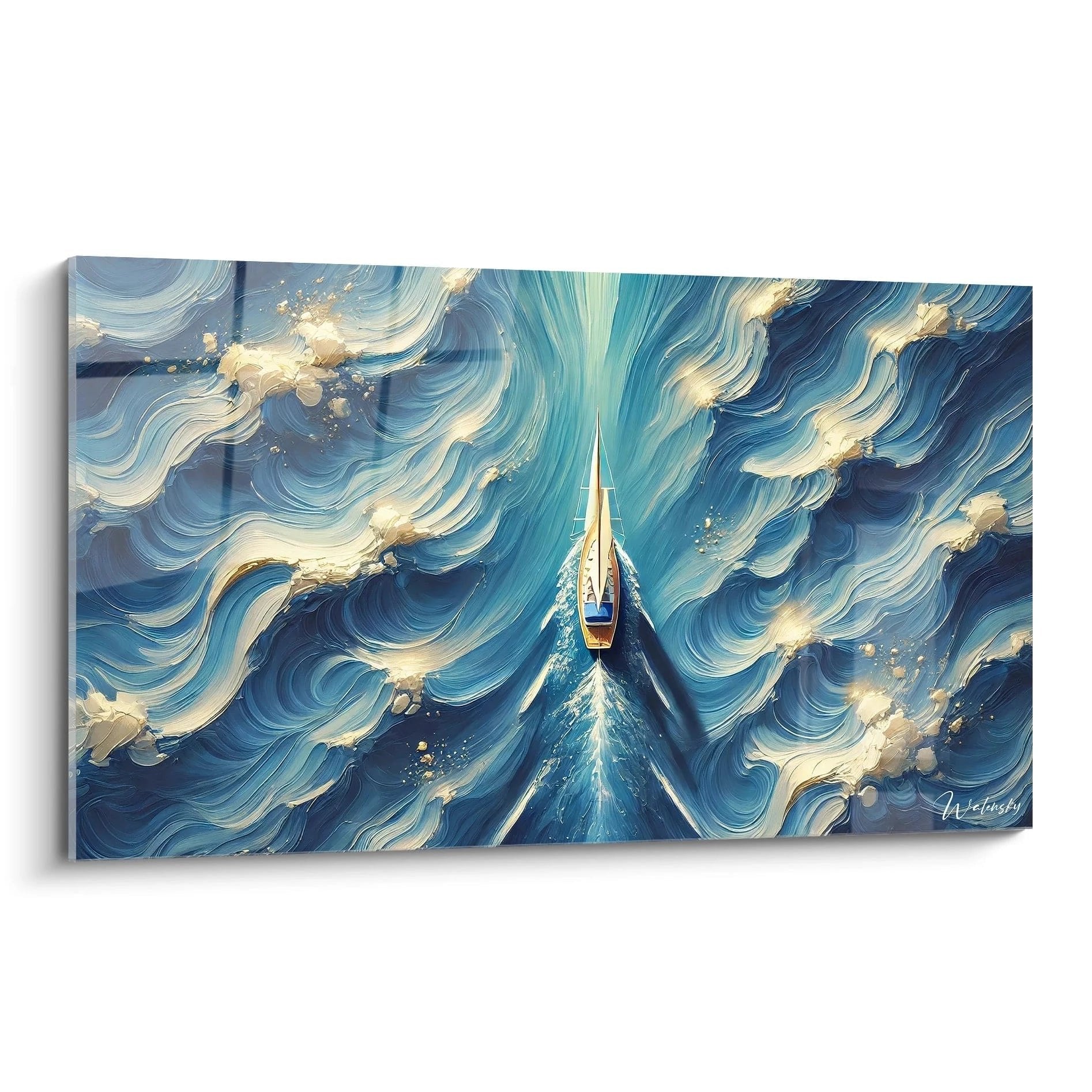 Wandbild Segelboot in stürmischen blauen Wellen mit goldenen Akzenten, maritime Kunst Edition Meer