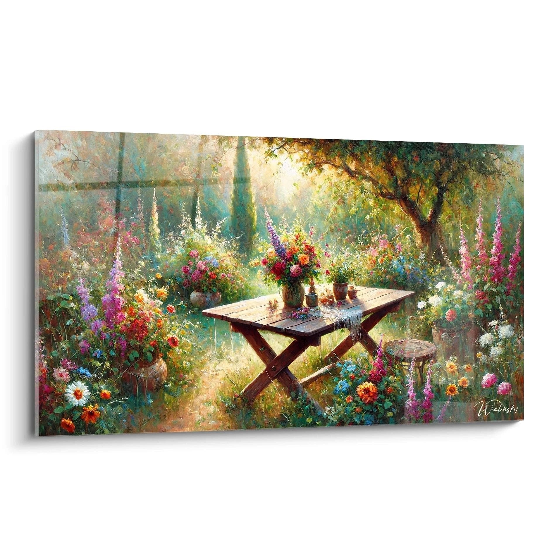 Romantisches Wandbild mit Gartentisch umgeben von bunten Blumen und Lupinen in impressionistischem Malstil