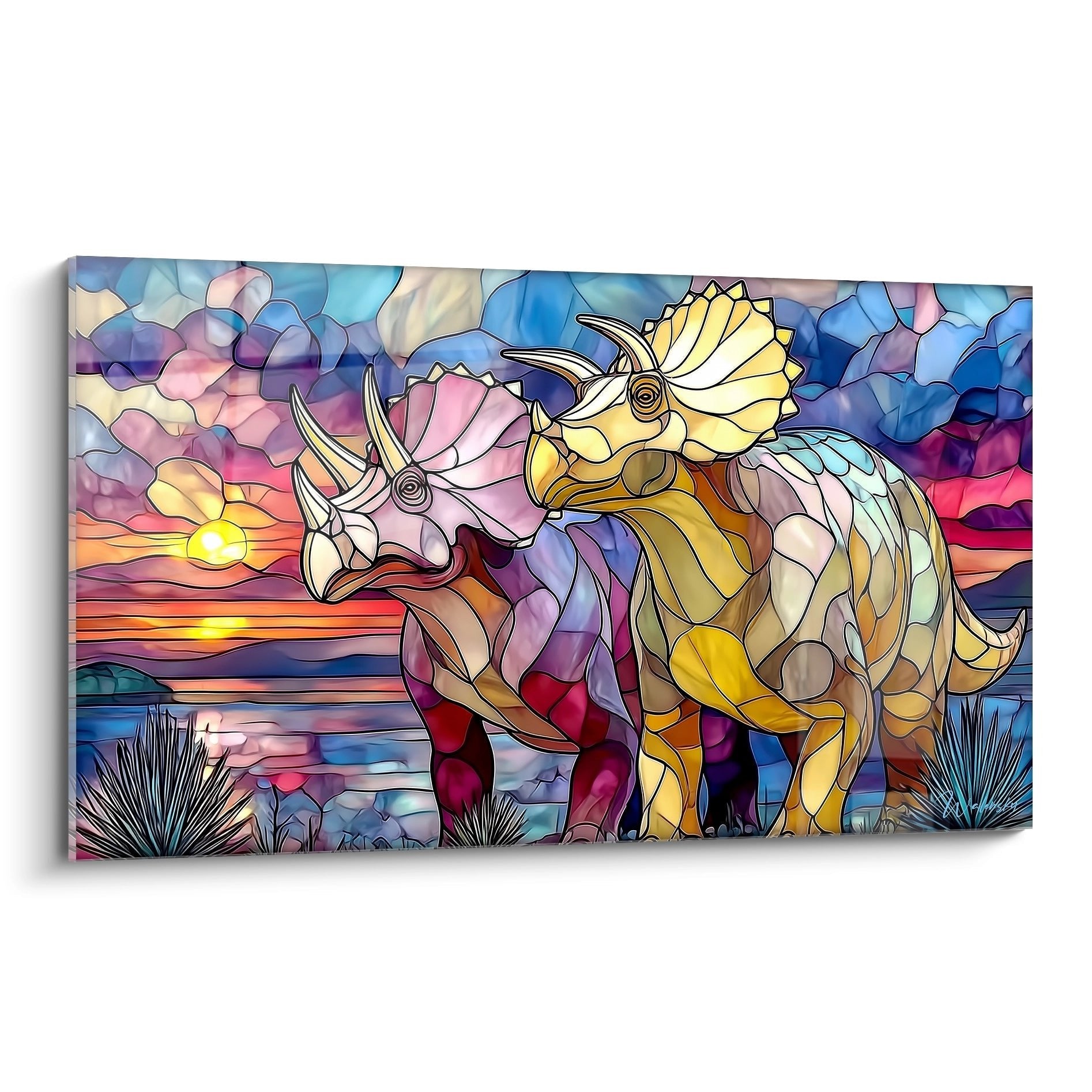 Dinosaurier Wandbild im Glasmalerei-Stil mit Triceratops und Parasaurolophus vor Sonnenuntergang-Hintergrund