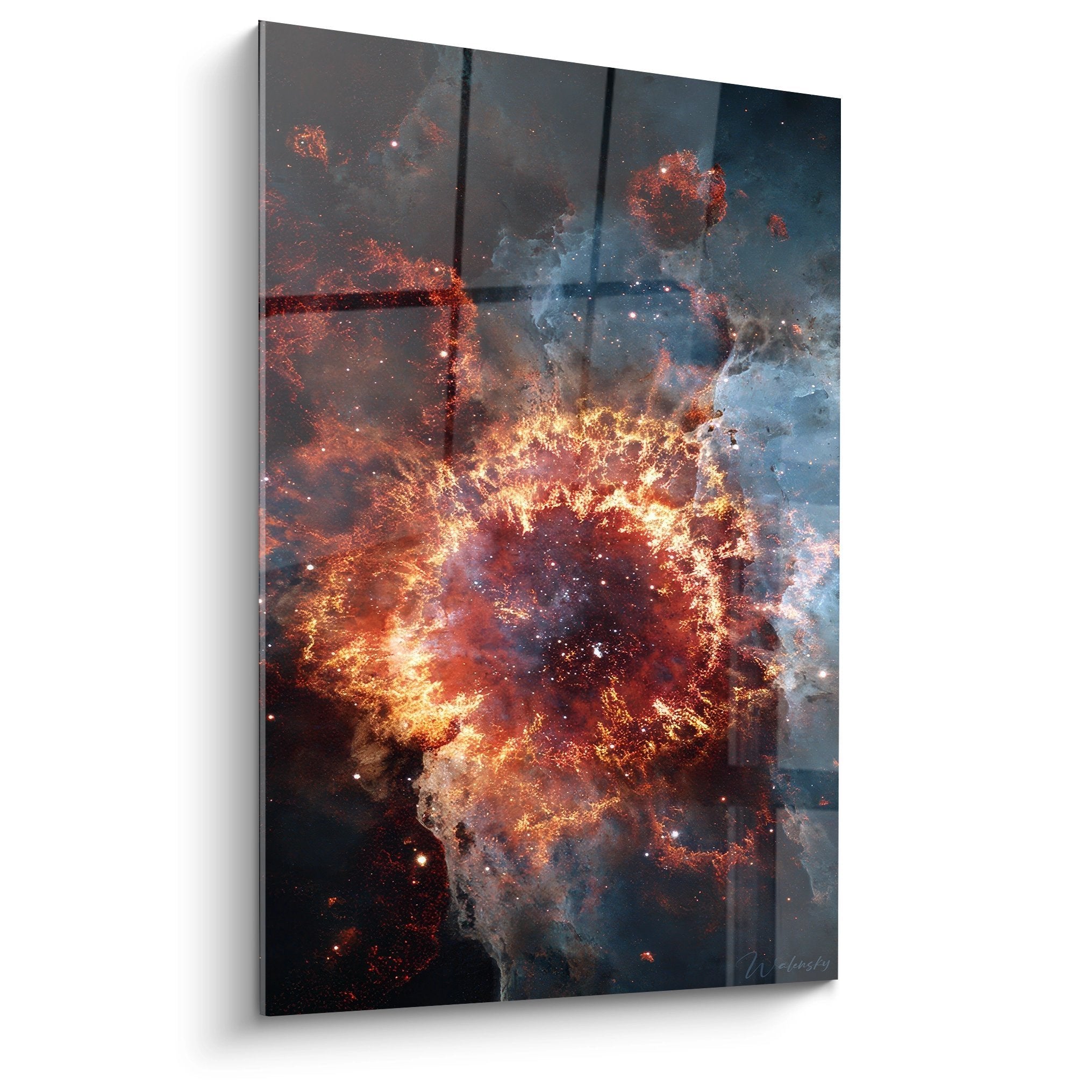 Wandbild einer spektakulären Supernova-Explosion mit leuchtenden Gold-, Orange- und Blautönen im Weltraum