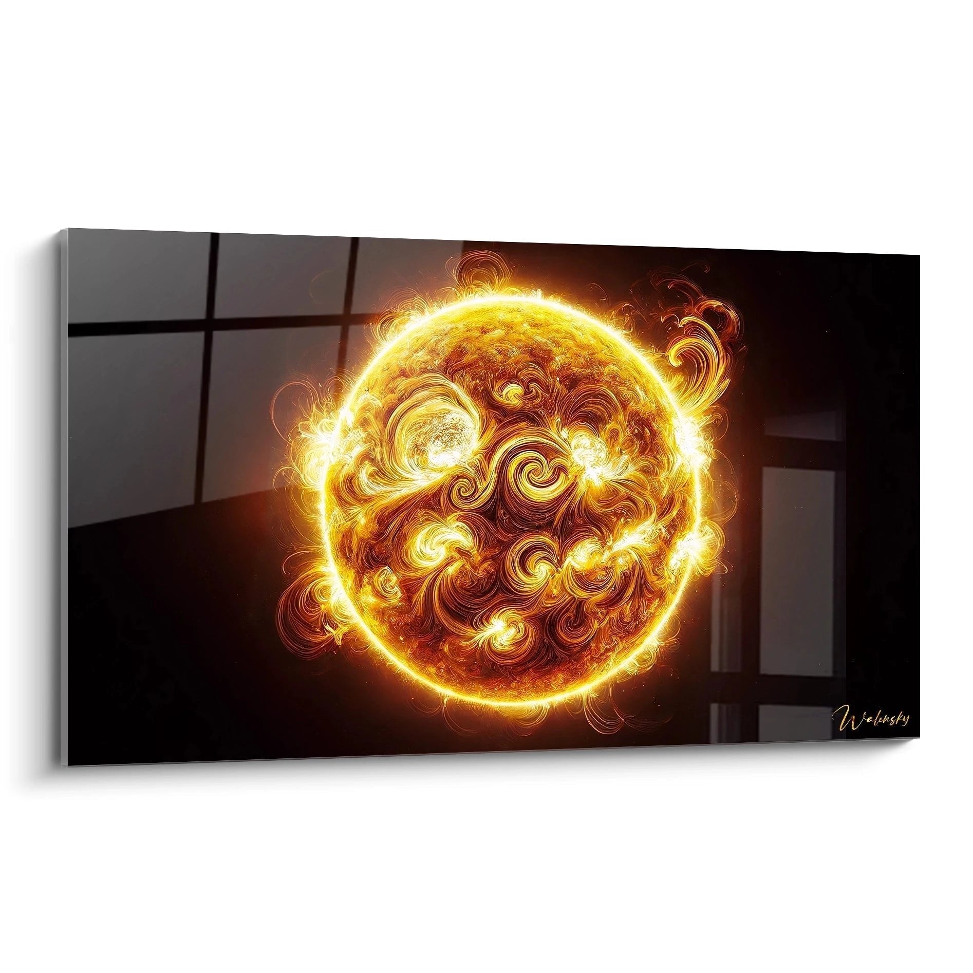 Wandbild zeigt leuchtenden Sonnensturm mit goldenen Wirbeln und Energieausbrüchen auf dunklem Hintergrund