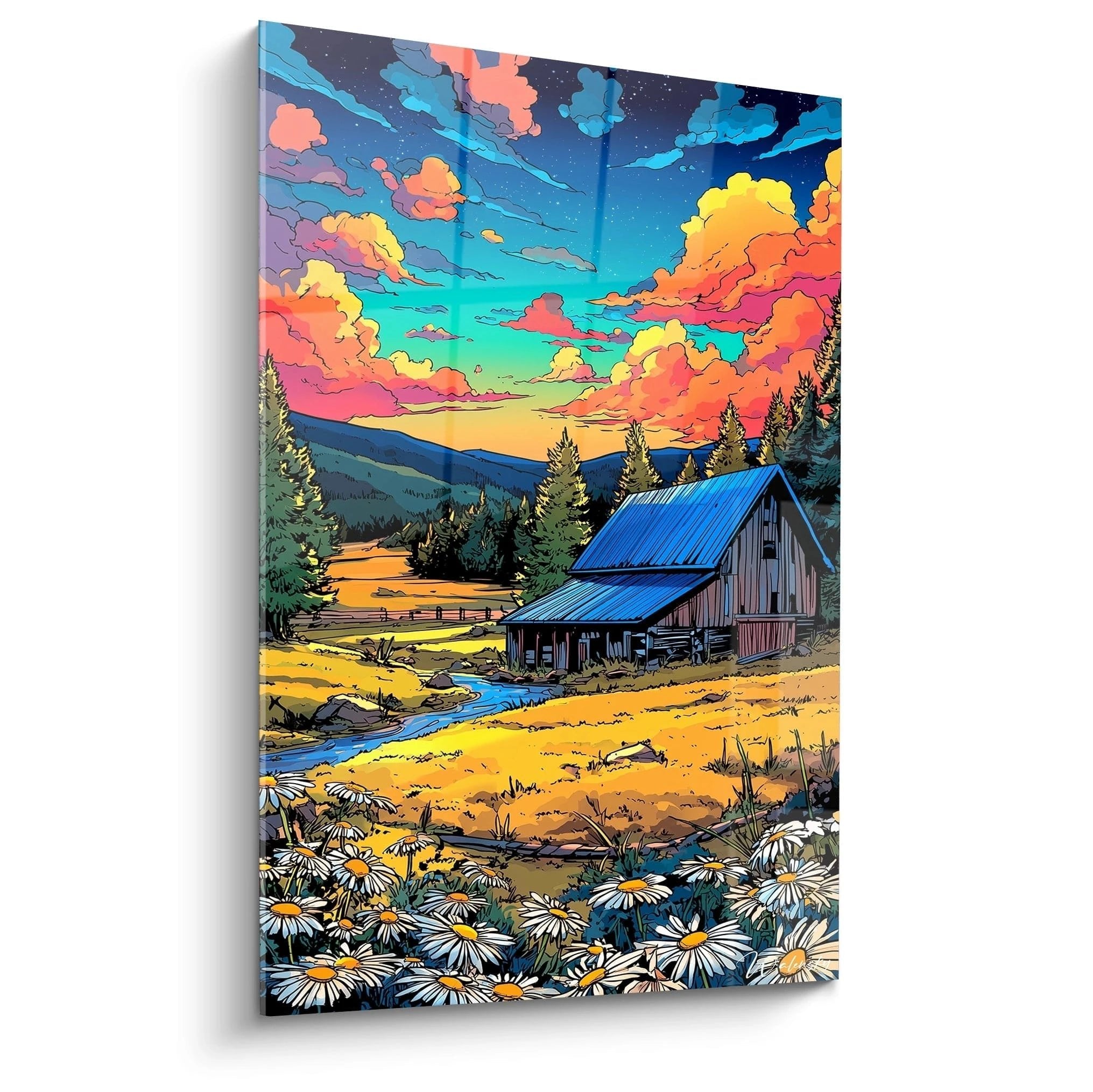 Comic Wandbild Berglandschaft mit Holzhütte bei dramatischem Sonnenuntergang und buntem Himmel