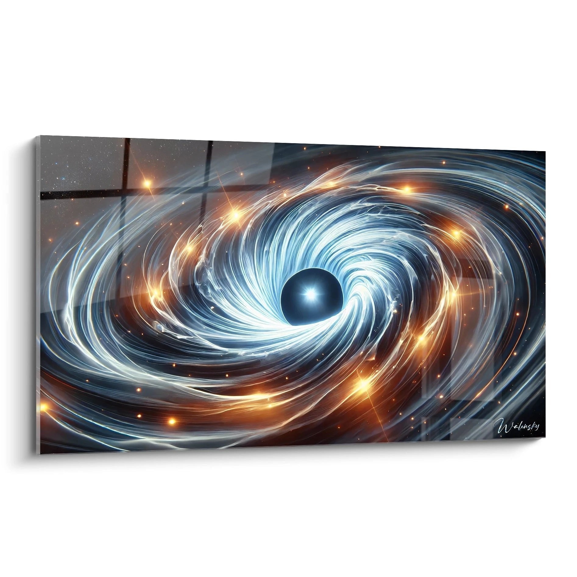 Wandbild schwarzes Loch mit spiralförmigen blauen und orangen Galaxienströmen und funkelnden Sternen