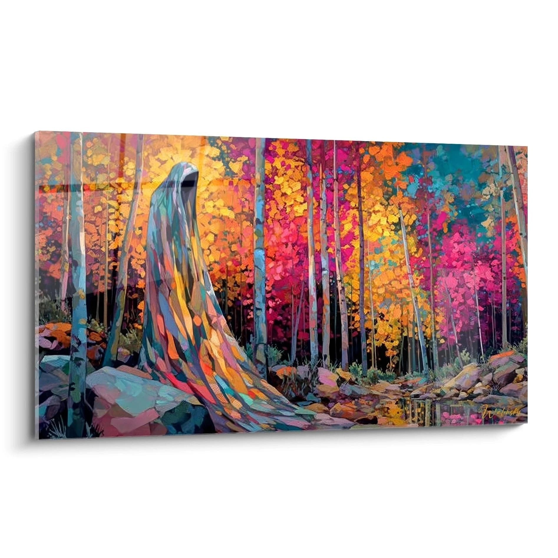 Mystische Banshee im farbenprächtigen Herbstwald mit leuchtenden Bäumen und magischer Atmosphäre - Wandbild Edition Banshee