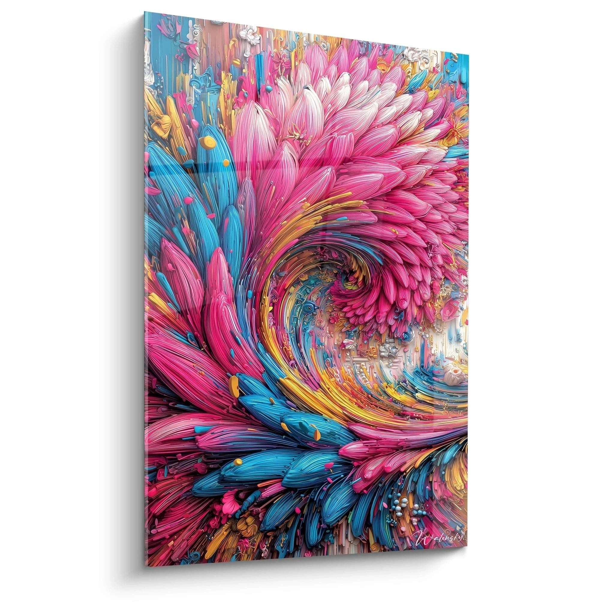 Abstraktes Wandbild mit wirbelnder Blütenspirale in Pink und Türkis, moderne Kunstdruck für Wanddekoration