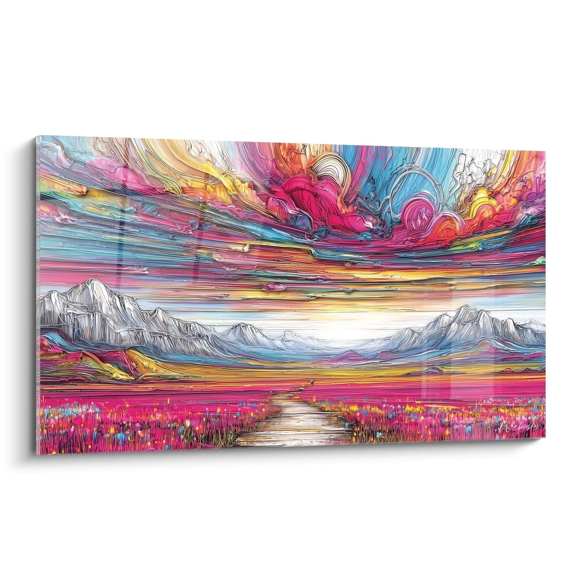Buntes Wandbild mit psychedelischer Berglandschaft und explosivem Regenbogenhimmel in Pink, Blau und Gold