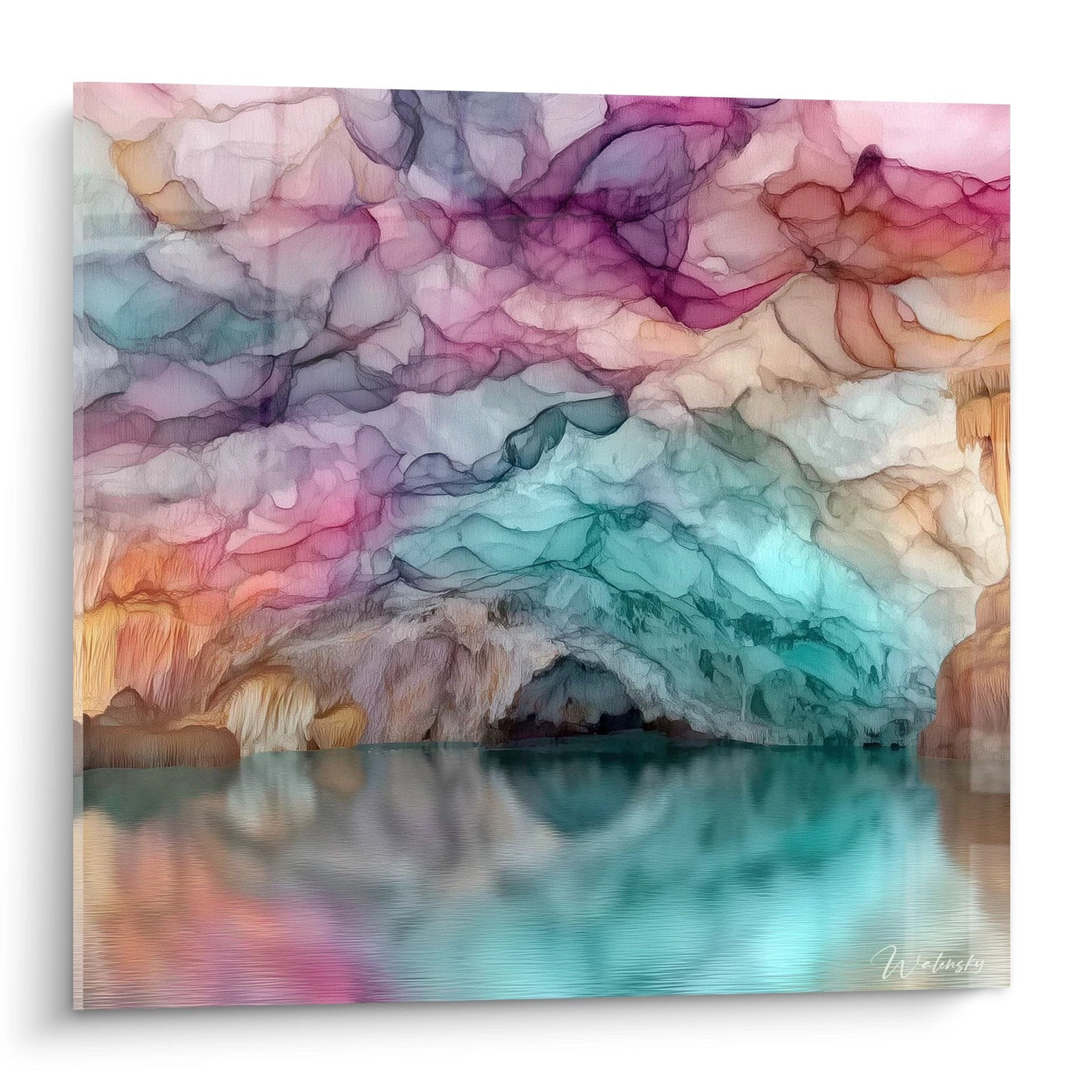 Mystische Unterwasserhöhle mit türkisem Wasser und bunten Gesteinsformationen in violetten und rosa Tönen