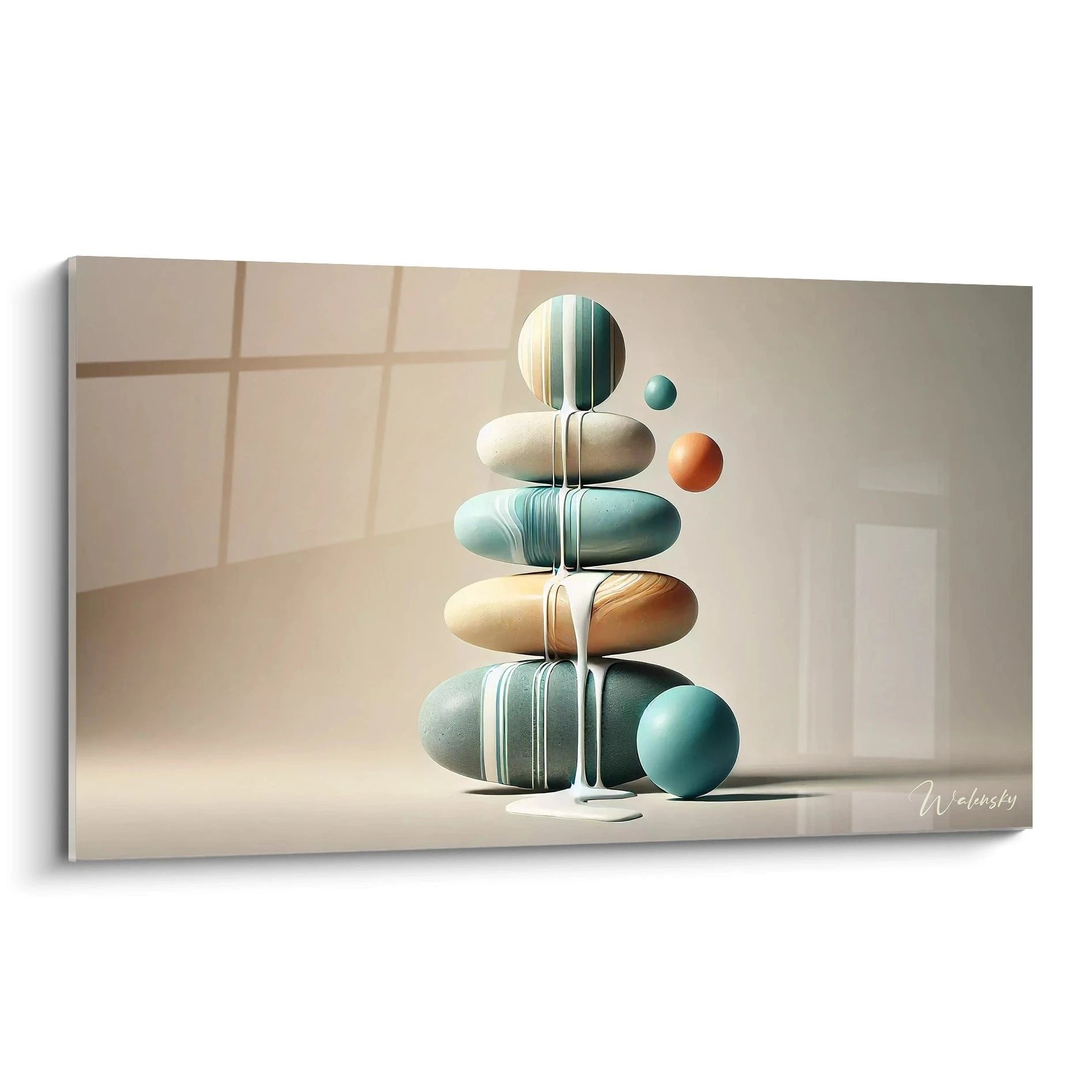 Wandbild gestapelte Zen-Steine mit fließendem Wasser und schwebenden Kugeln in Beige-Türkis Tönen für Meditation