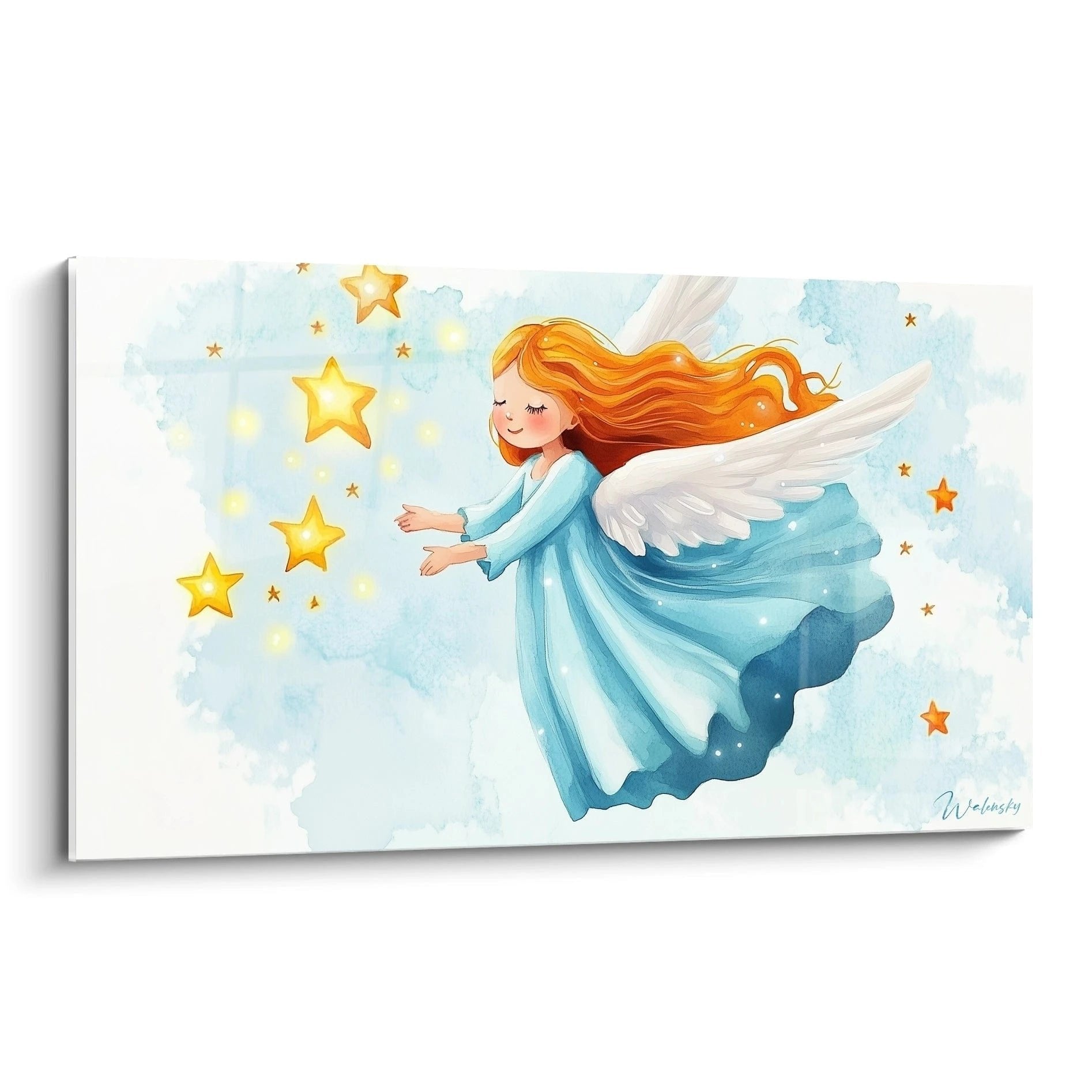 Wandbild Engel mit goldenen Sternen und türkisfarbenem Gewand schwebt durch pastellblauen Himmel - Edition Engel