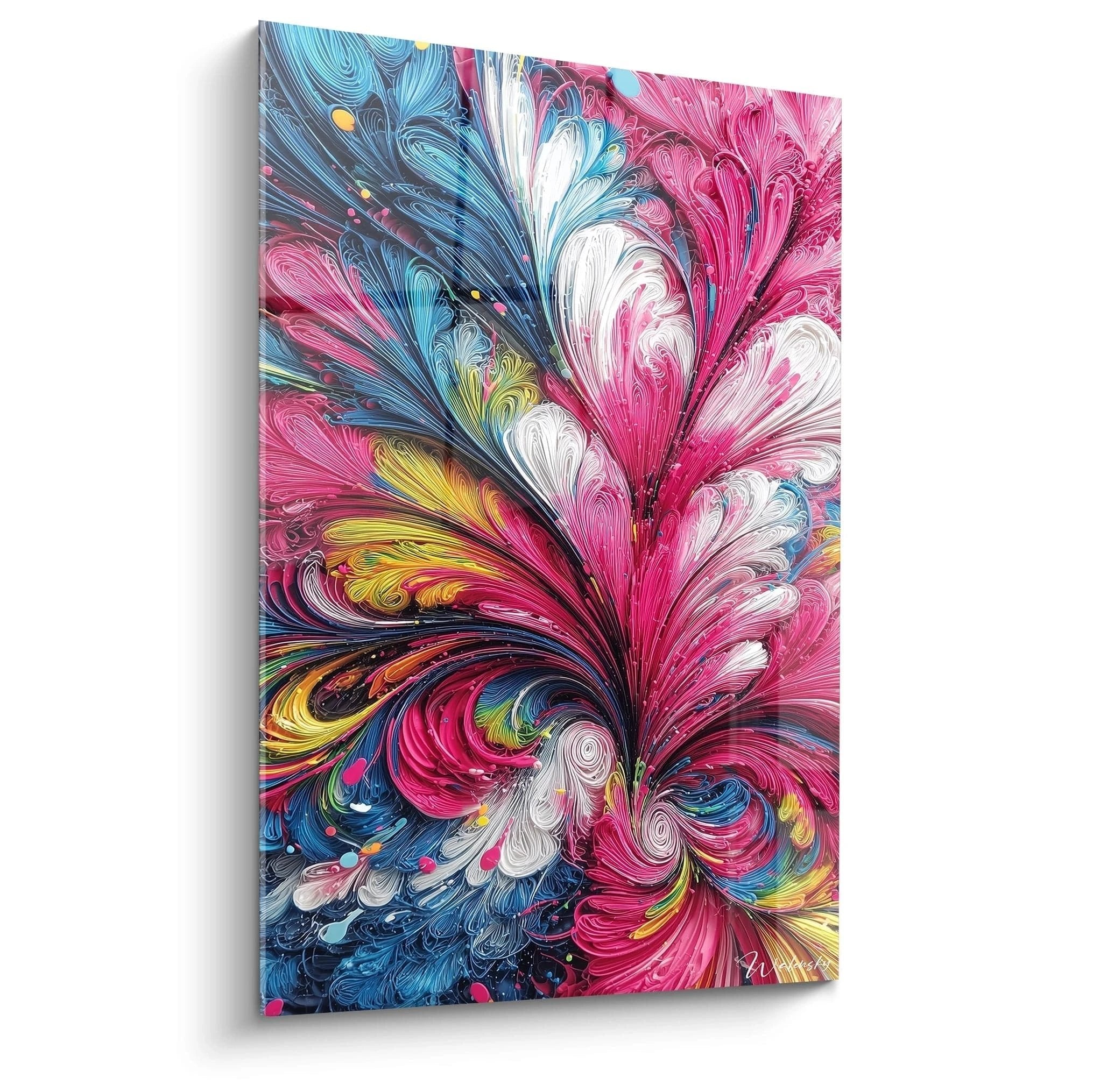 Abstraktes Wandbild mit wirbelnden Farben in Pink, Blau und Gold, dynamische Farbexplosion Komposition