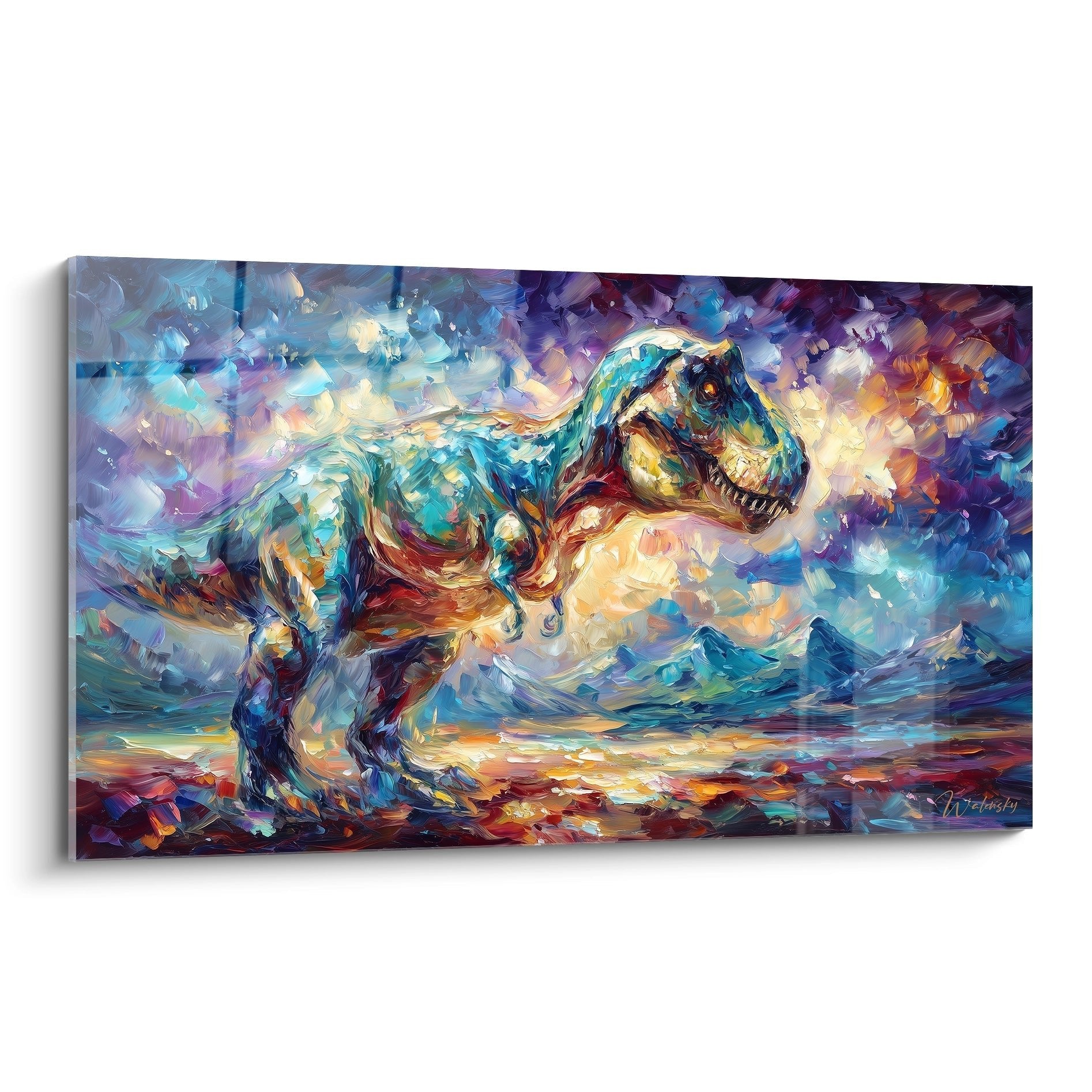 T-Rex Wandbild in impressionistischem Stil mit leuchtenden Farben und dynamischen Pinselstrichen