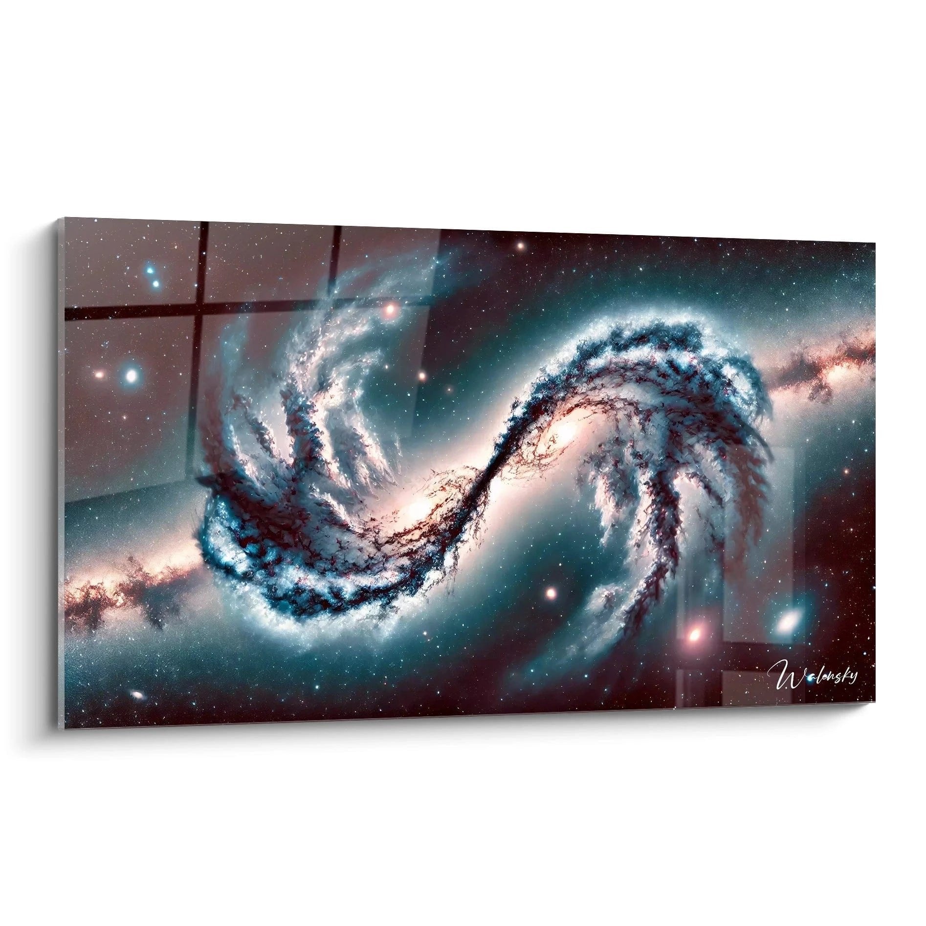 Wandbild zeigt spektakuläre Kollision zweier Spiralgalaxien in türkisen und rosa Farbtönen vor Sternenhimmel