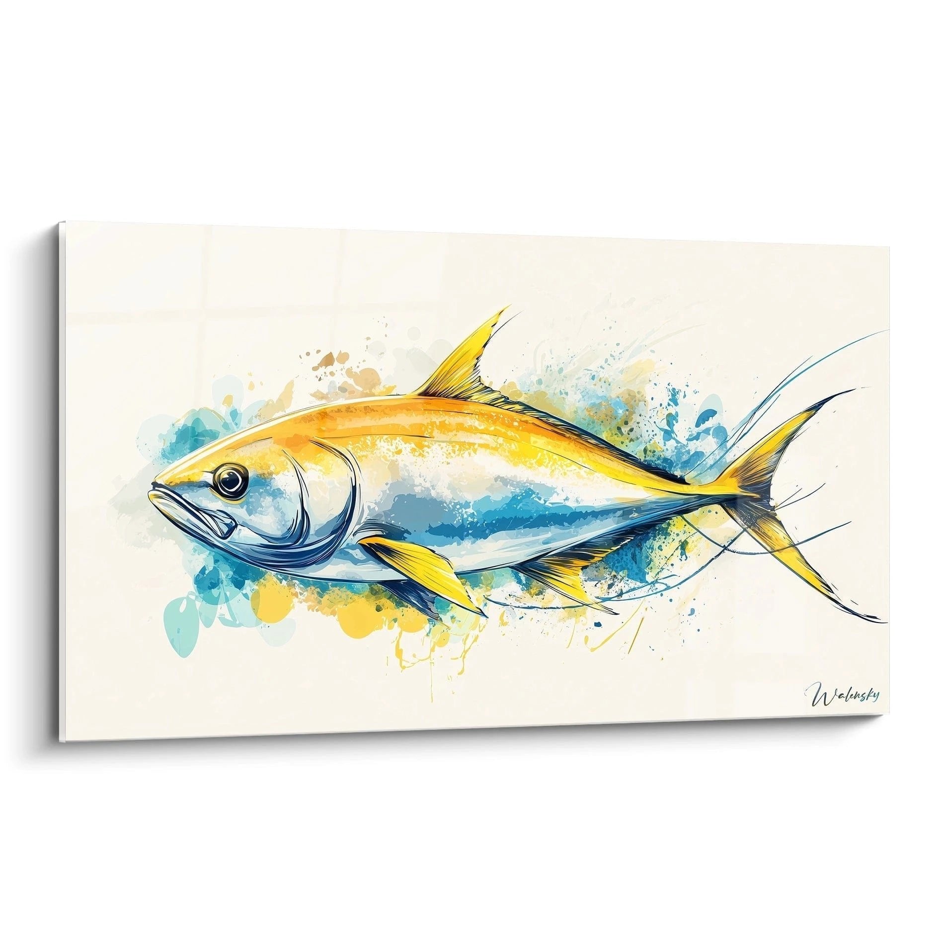 Wandbild Gelbflossen-Thunfisch in Aquarell-Stil mit gelben und blauen Farbtönen für die Küche
