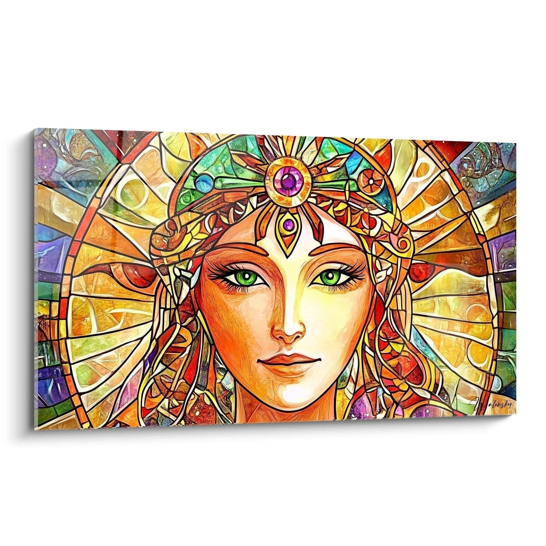 Wandbild Sonnengöttin im Glasmalerei-Stil mit Strahlenkrone und leuchtenden Mosaikfarben