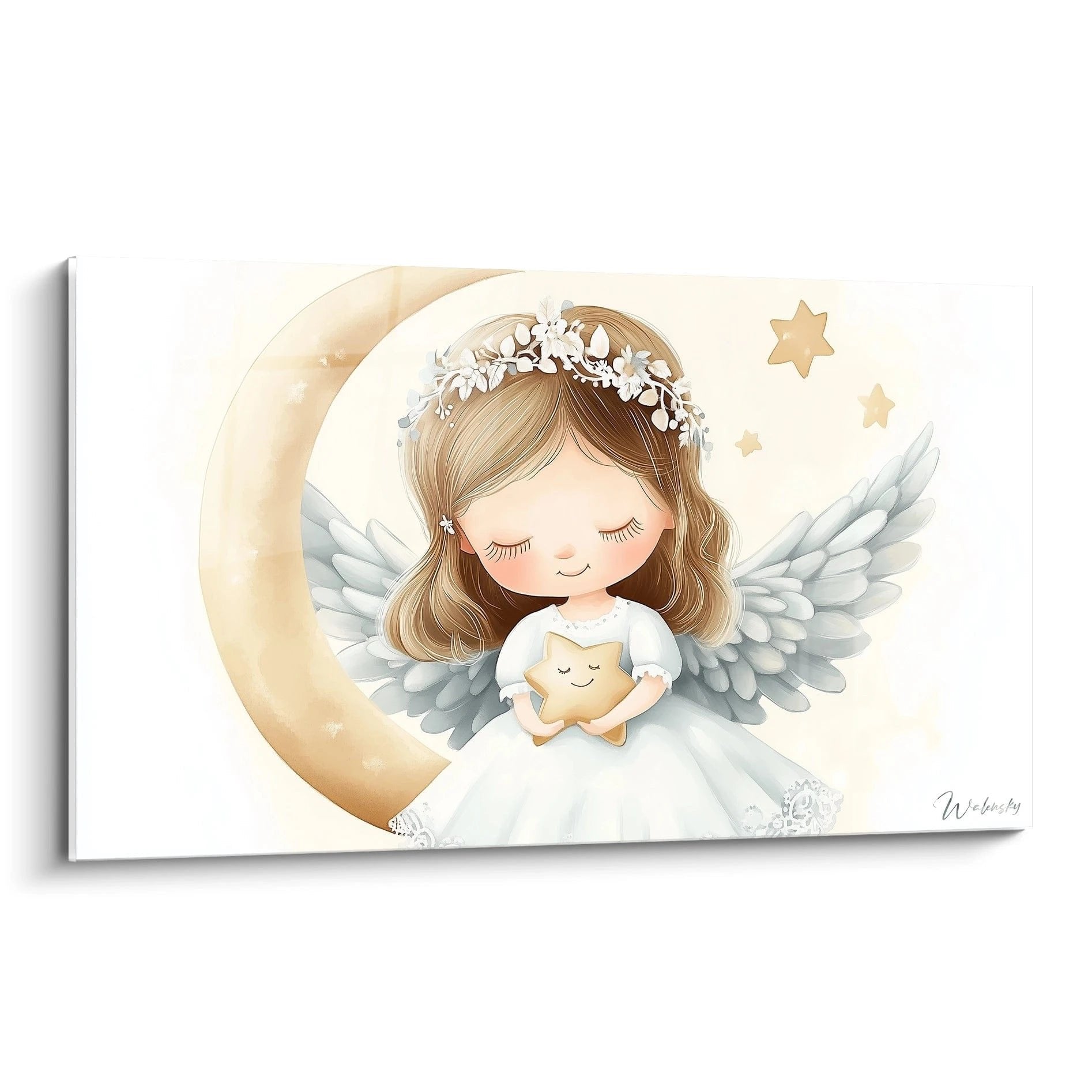 Wandbild zeigt friedlichen Engel mit Blütenkranz und goldenen Stern vor Halbmond mit Sternen