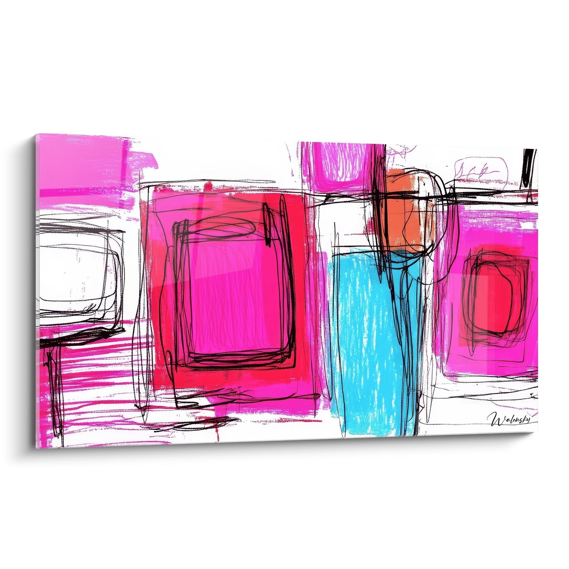 Abstraktes Wandbild mit geometrischen Formen in Pink, Blau und schwarzen Linien - moderne Zeichnung