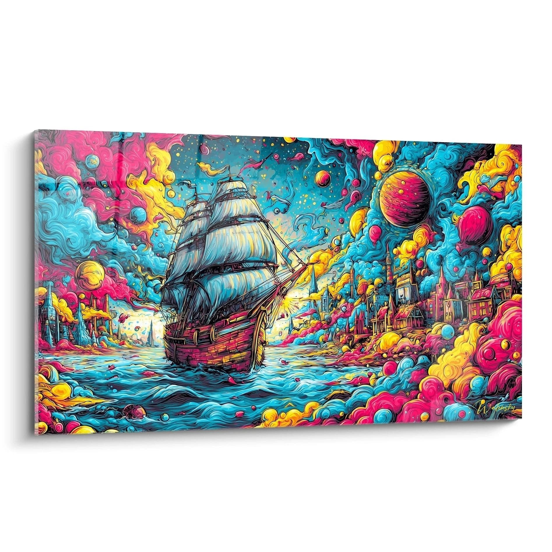 Wandbild mit Segelschiff in psychedelischer Farbexplosion aus Pink, Türkis und Gelb mit kosmischen Elementen