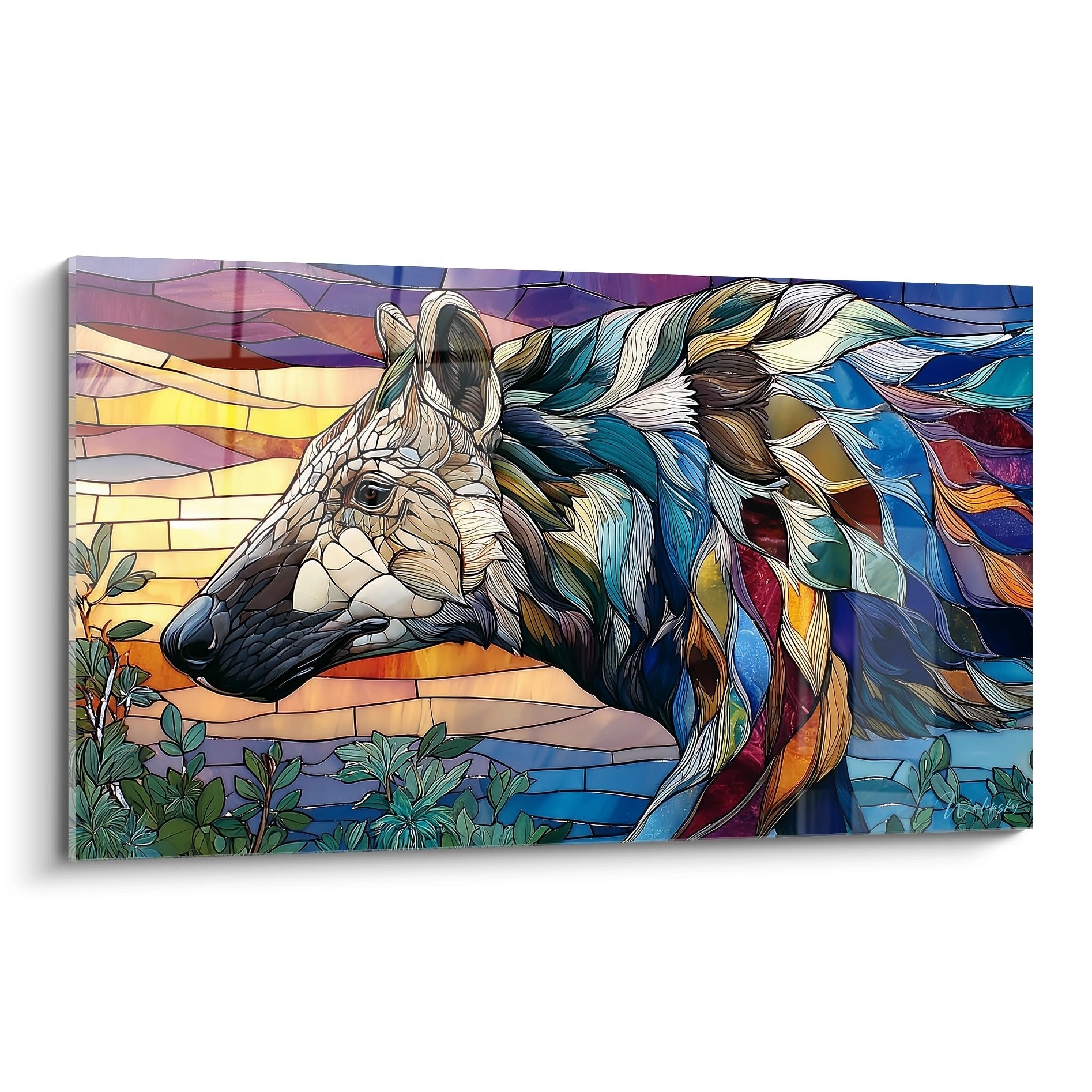 Wandbild Pferd im Glasmosaik-Stil mit bunter regenbogenfarbener Mähne und geometrischen Segmenten