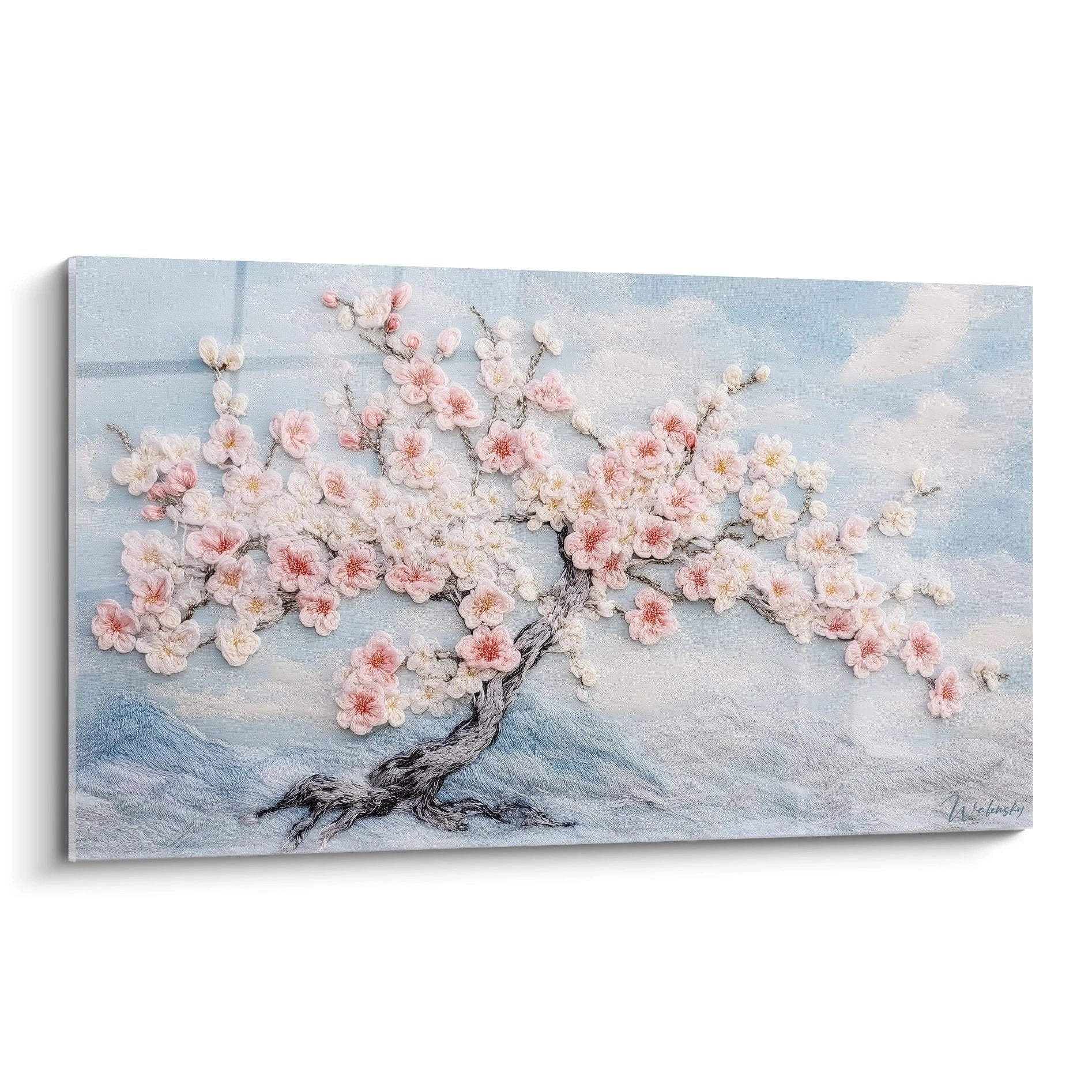 Wandbild Kirschblütenbaum Häkeloptik mit rosa-weißen Blüten vor blauem Himmel, dreidimensionale Textilstruktur