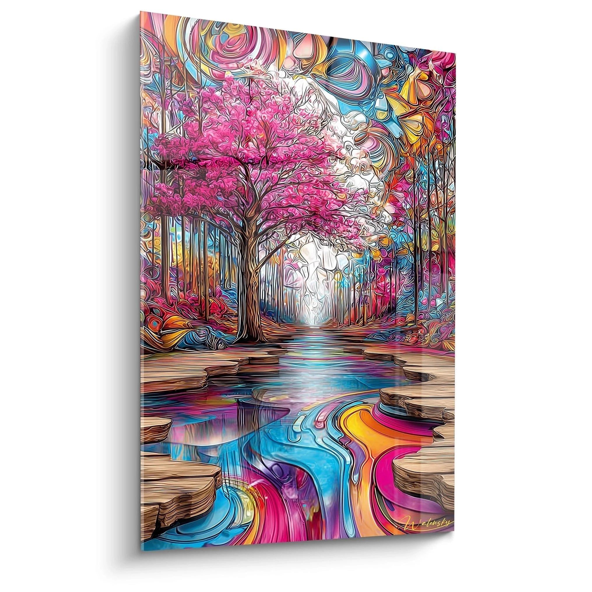 Mystisches Waldmotiv mit pinkem Baum und buntem Fluss in psychedelischen Farben auf Leinwand