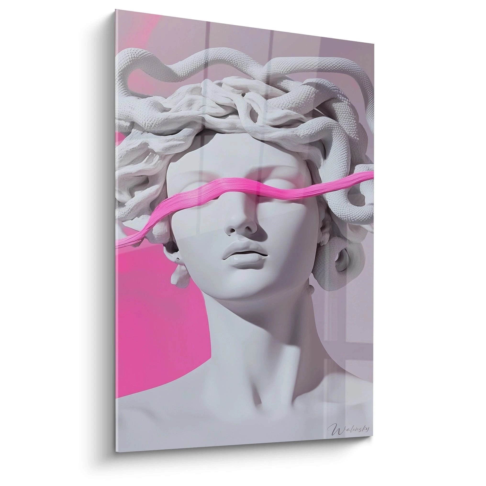 Wandbild Medusa Statue mit pinkem Band und Schlangenhaar in moderner Interpretation