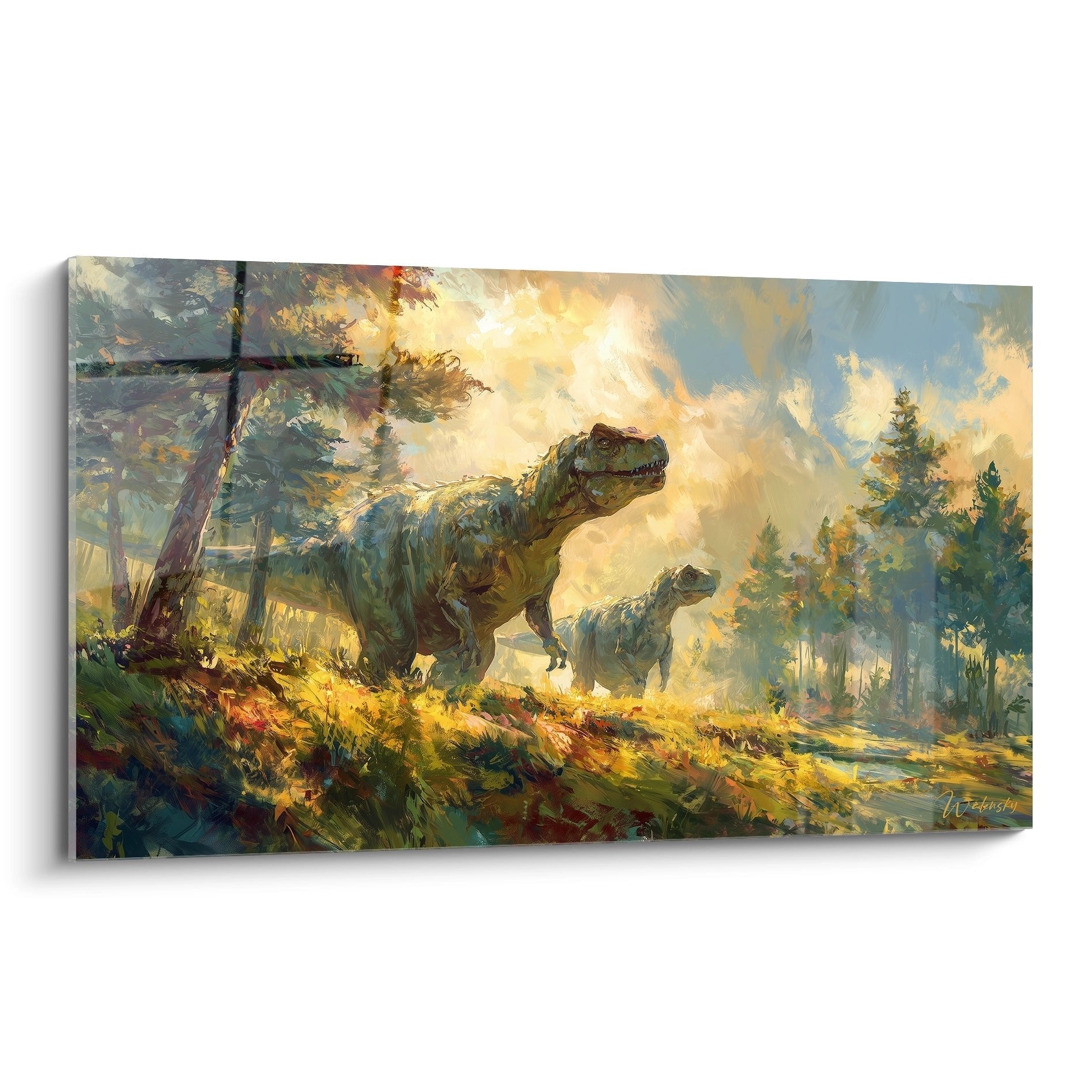 Wandbild Tyrannosaurus Rex im nebligen Urzeitwald mit warmen Sonnenstrahlen - Edition Dinosaurier Kunstdruck
