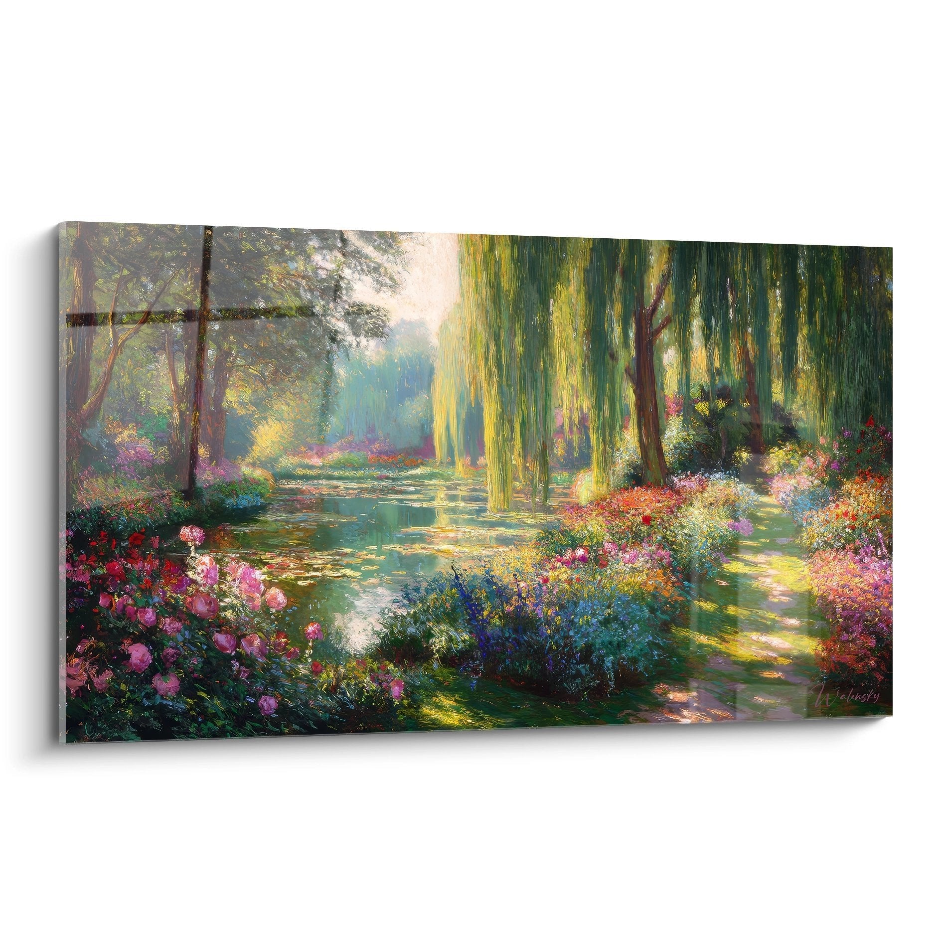 Wandbild impressionistischer Garten mit Teich, Weidenbäumen und bunten Blumen in warmen Farbtönen