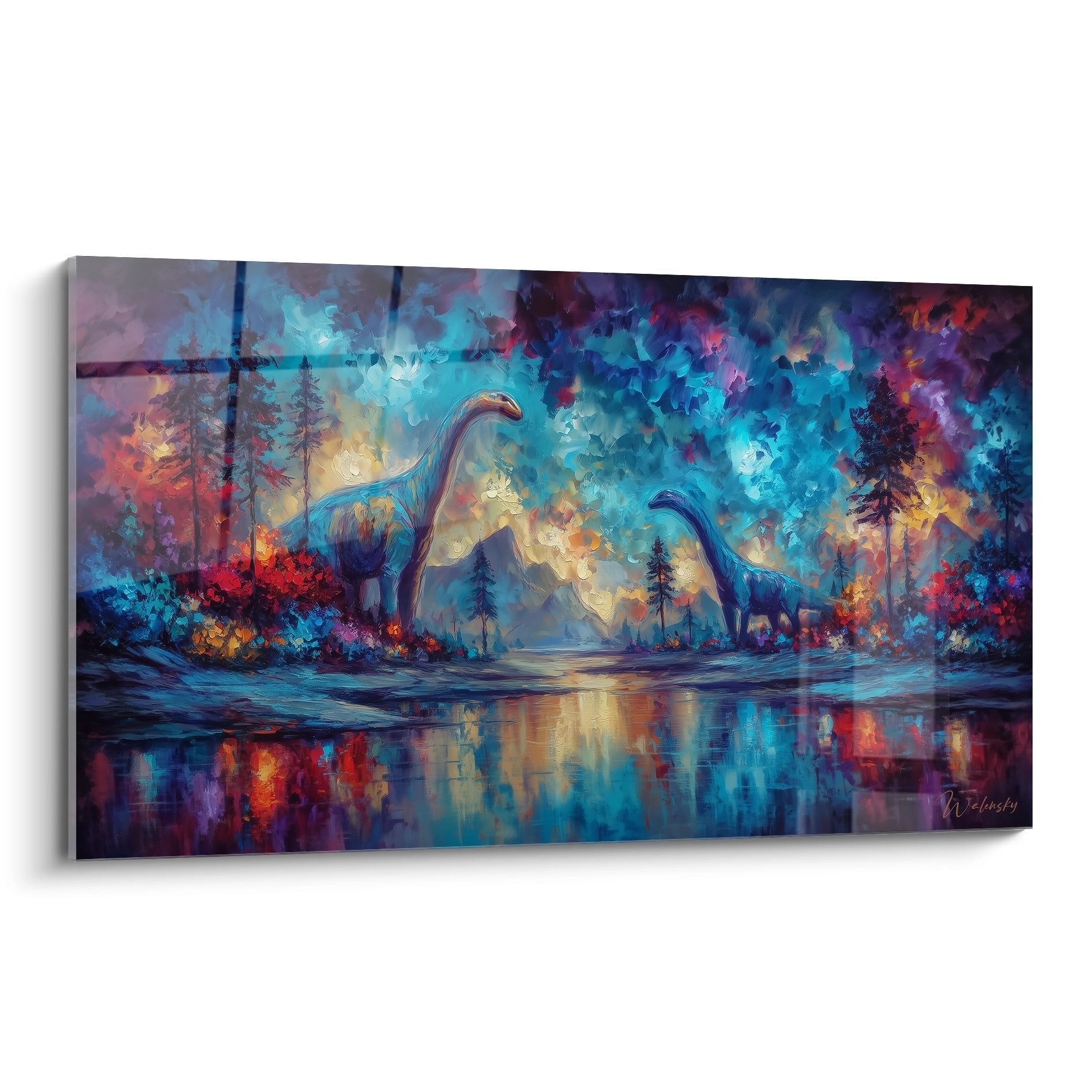 Buntes Wandbild mit Dinosauriern am Wasser in farbenprächtiger Landschaft mit Spiegelung