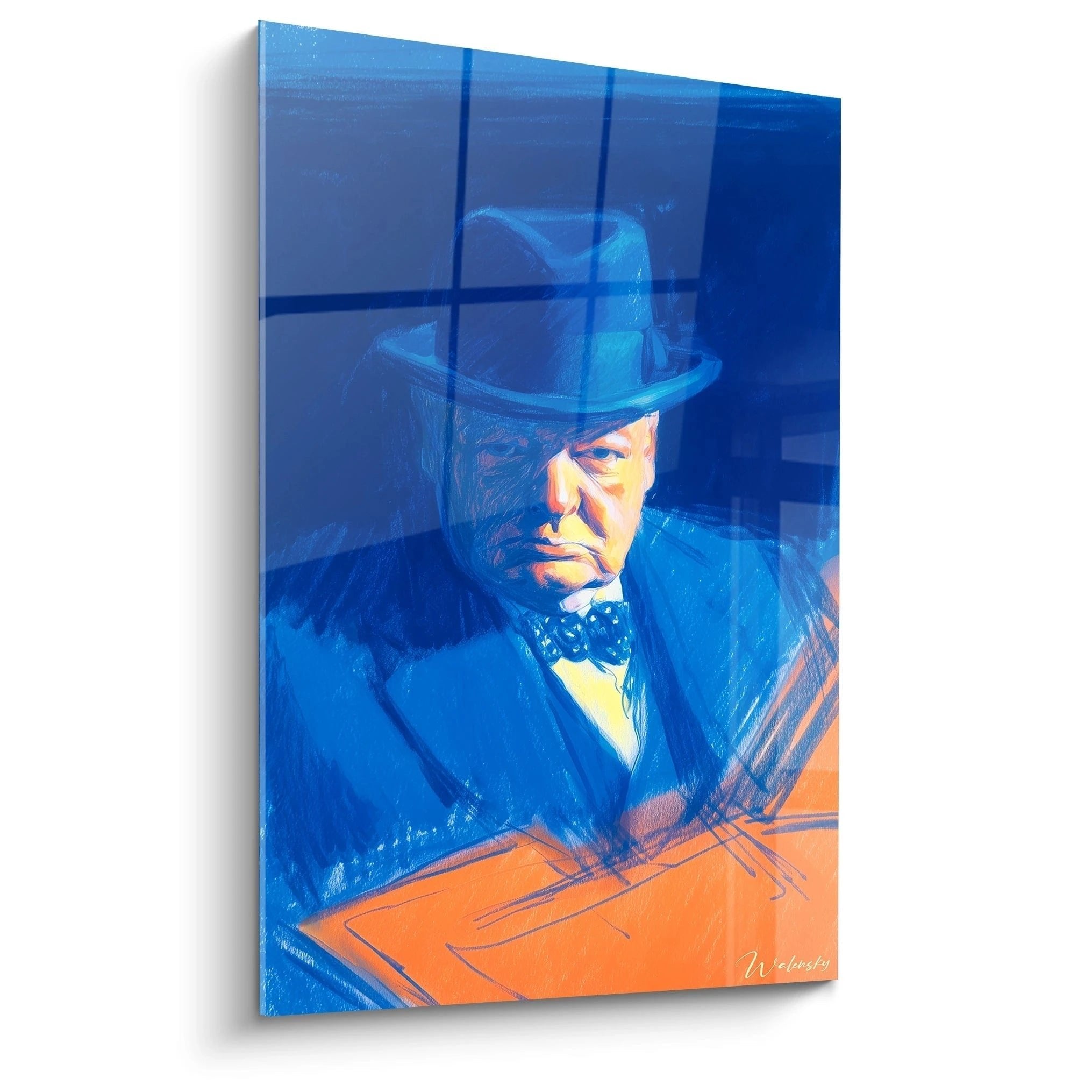 Winston Churchill Wandbild Portrait mit Bowler Hut in blauen Tönen - Edition Winston Churchill Kunstdruck