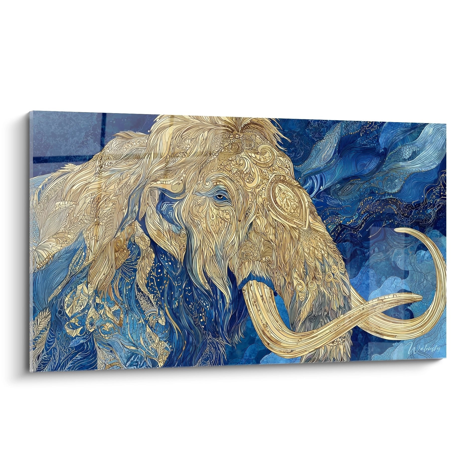 Wollmammut Wandbild mit goldenen Details und blauen Schneesturm Hintergrund - Edition Wollmammut Kunstwerk