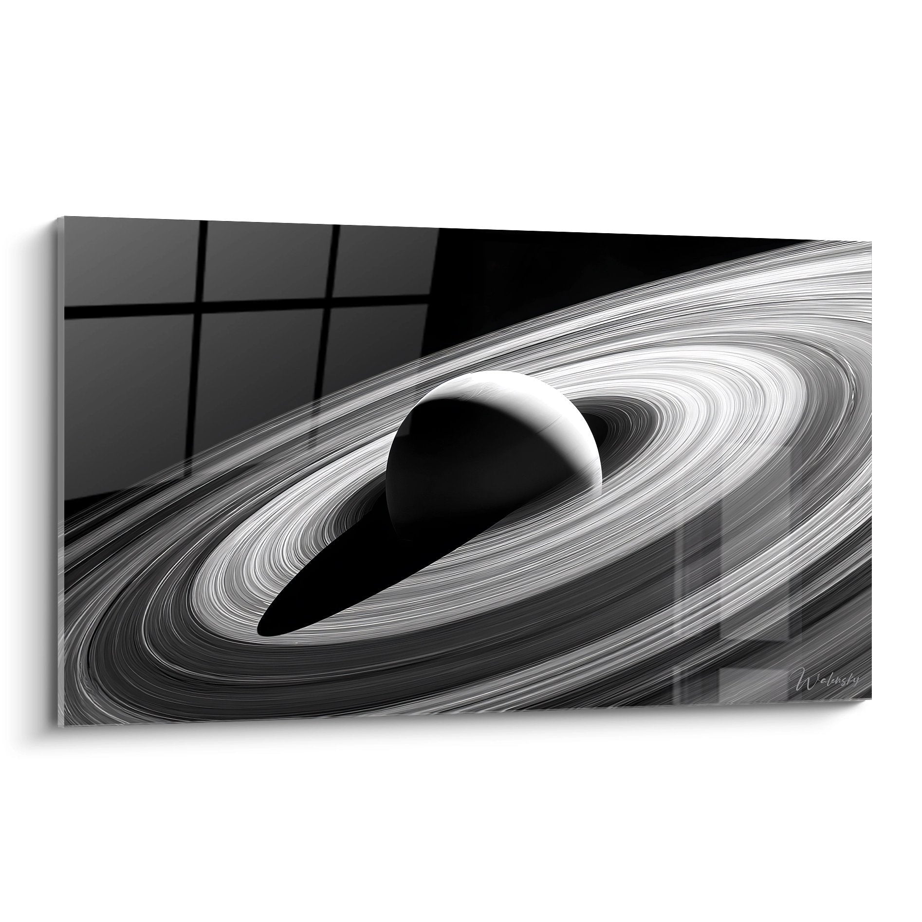 Saturn Wandbild schwarz-weiß mit detaillierten Ringen auf Leinwand, Weltraum Dekoration