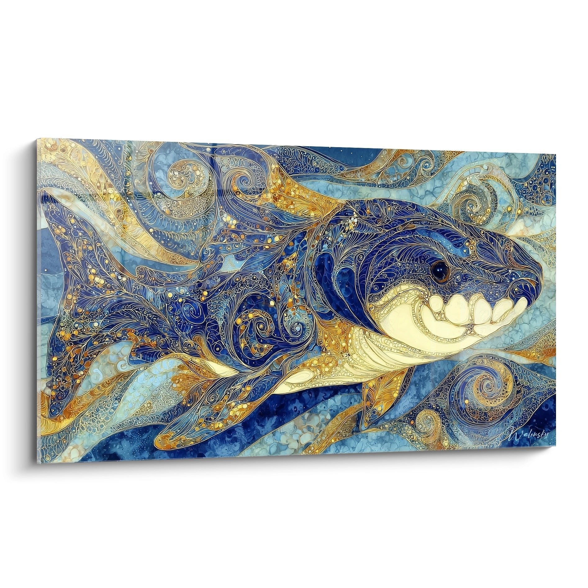 Ornamentales Wandbild Dunkleosteus in blau-goldenen Spiralmustern mit byzantinischen Verzierungen