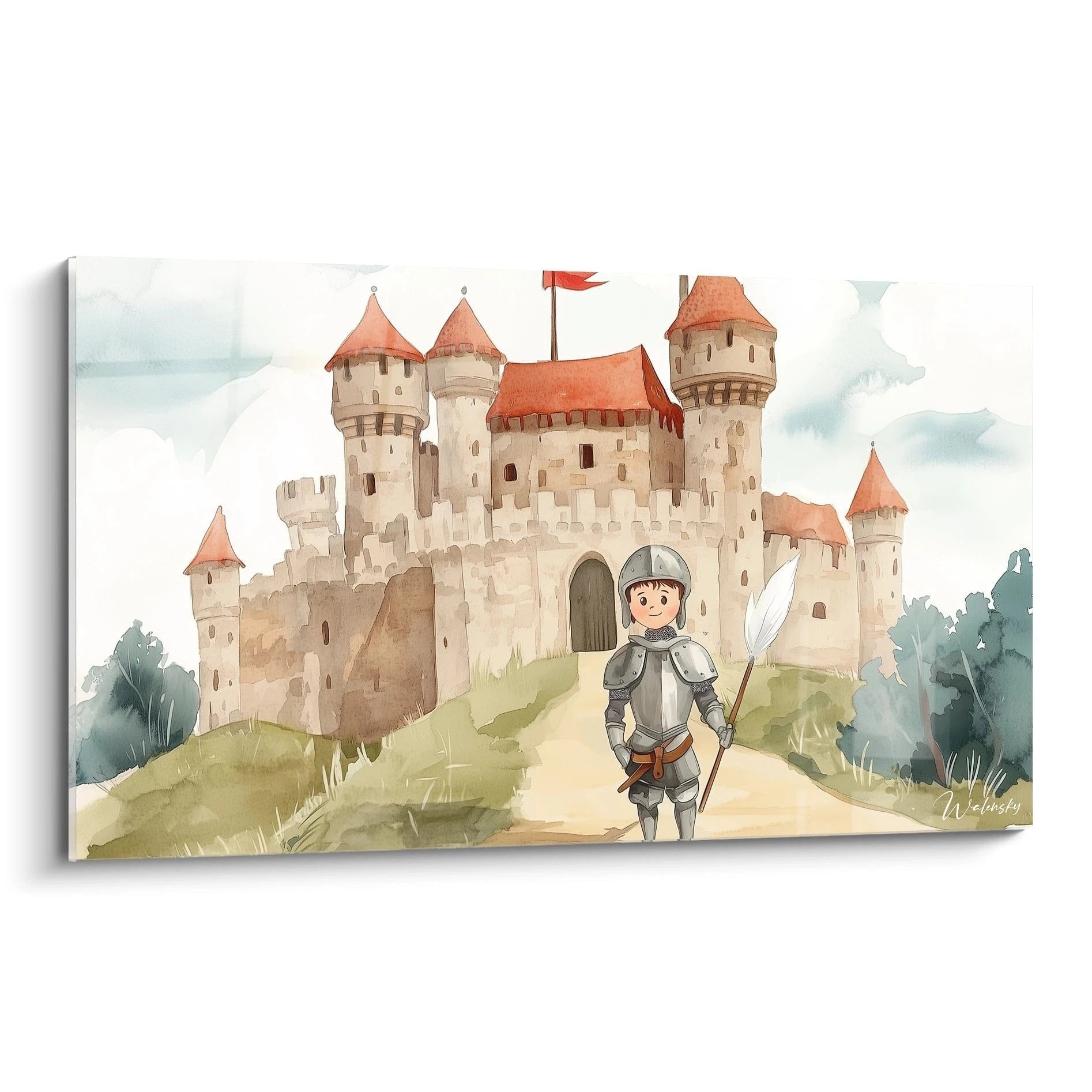 Wandbild zeigt tapferen Ritter in Rüstung vor imposanter mittelalterlicher Burg mit roten Türmen