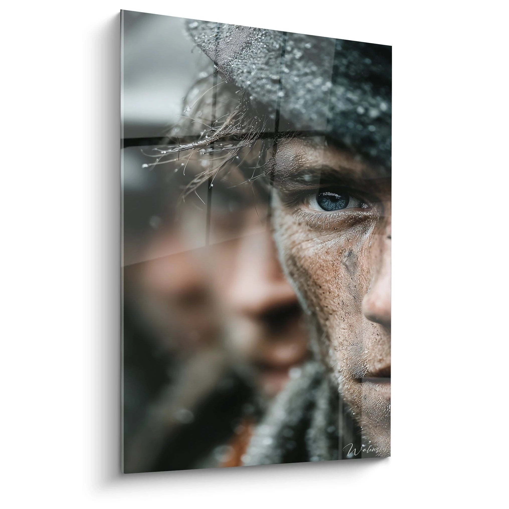 Wandbild Soldat Erster Weltkrieg mit intensivem Blick durch Regentropfen auf Glas
