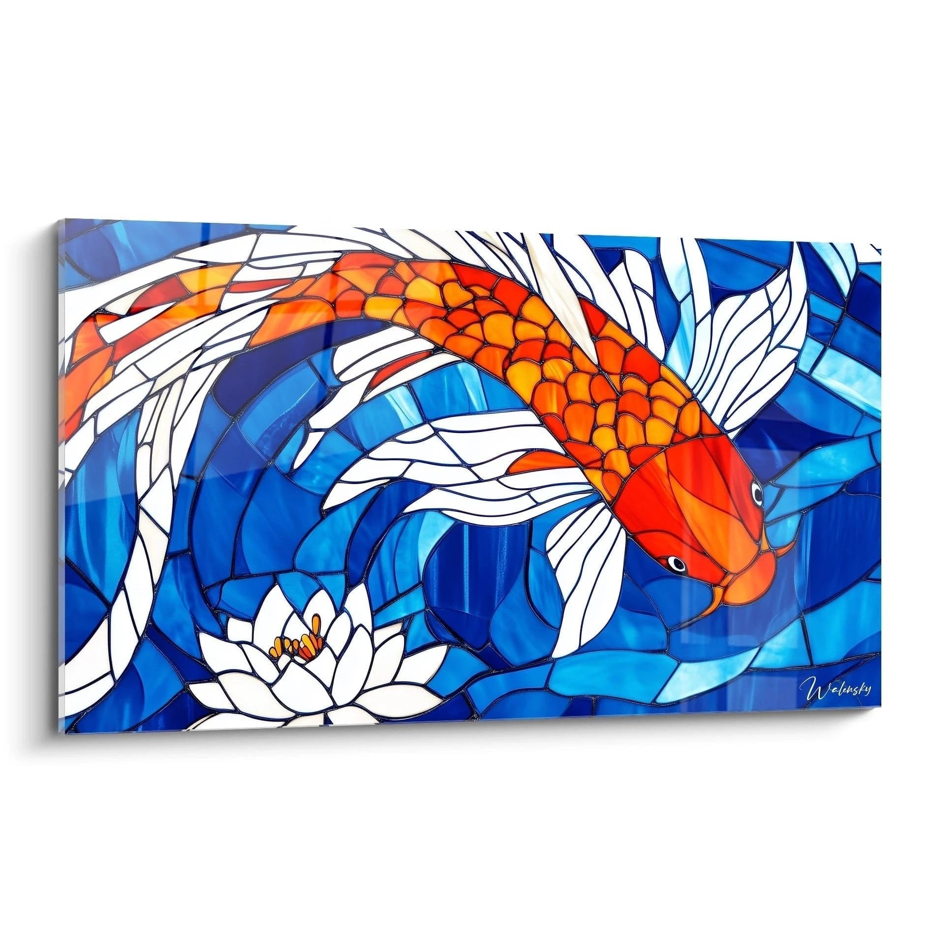Koi-Karpfen Wandbild in Glasmalerei-Optik mit Lotusblüte und blauem Wasser in Orange und Blau