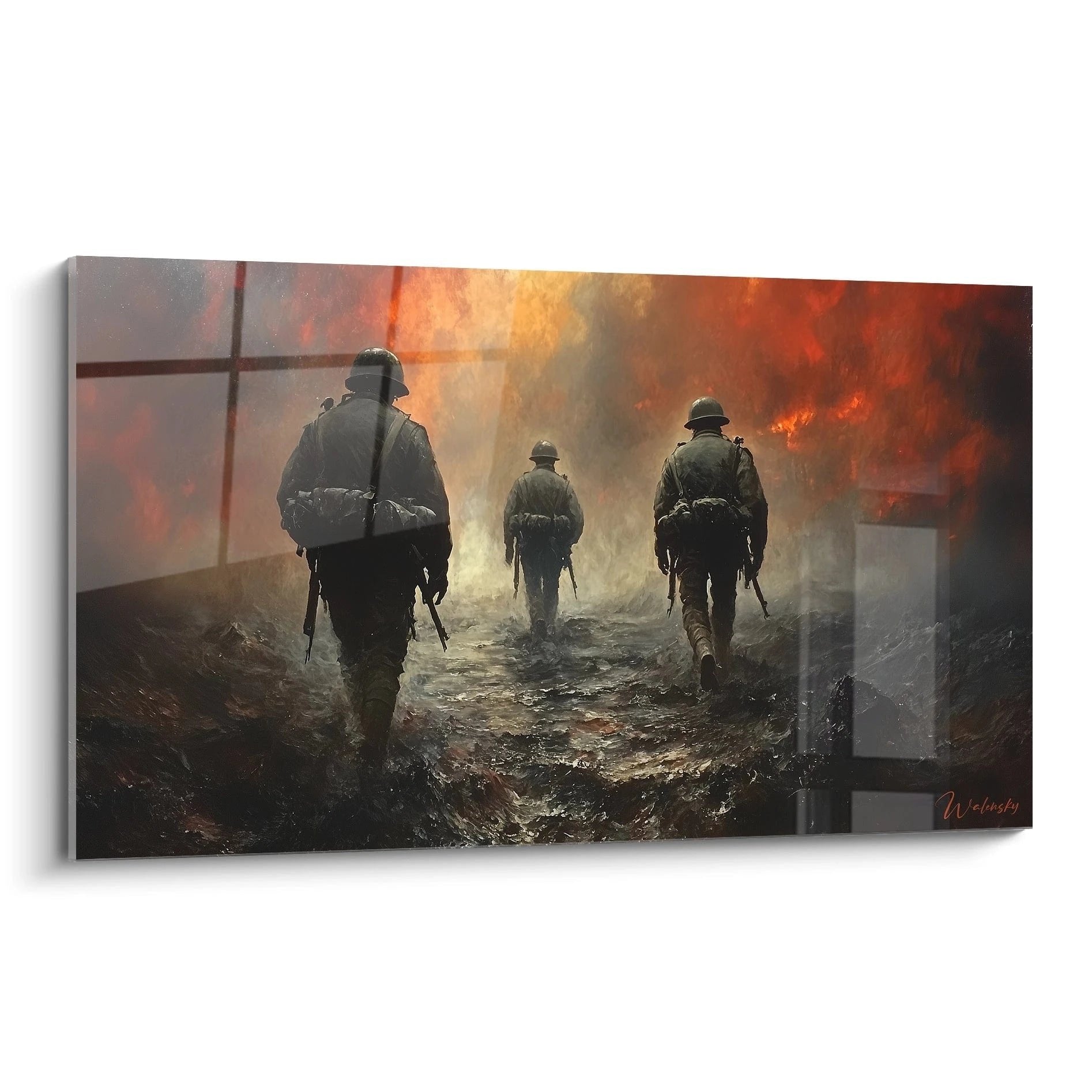 Wandbild zeigt drei Soldaten im Ersten Weltkrieg die durch zerstörtes Schlachtfeld mit Explosionen im Hintergrund marschieren