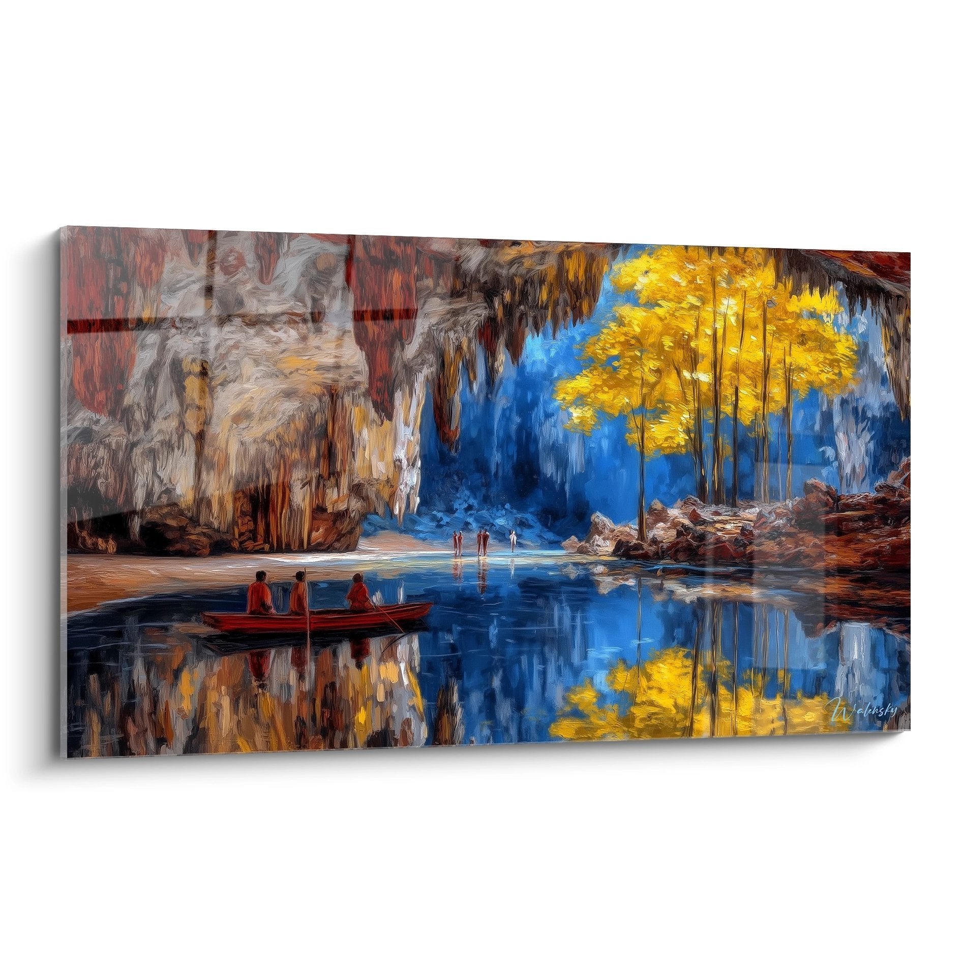 Wandbild unterirdische Höhle mit Boot auf blauem Wasser und goldgelber Vegetation