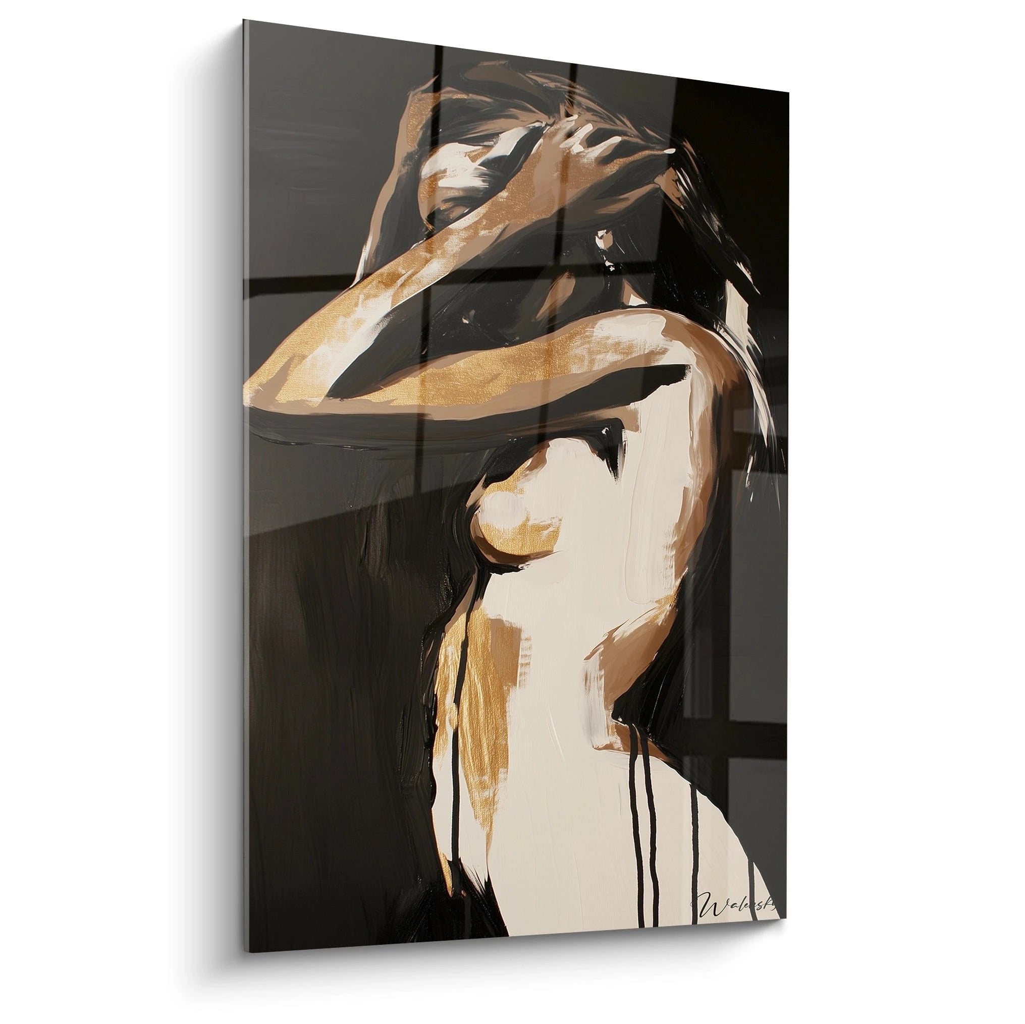 Modernes Wandbild mit sinnlicher weiblicher Silhouette in warmen Erdtönen, abstrakte Aktmalerei