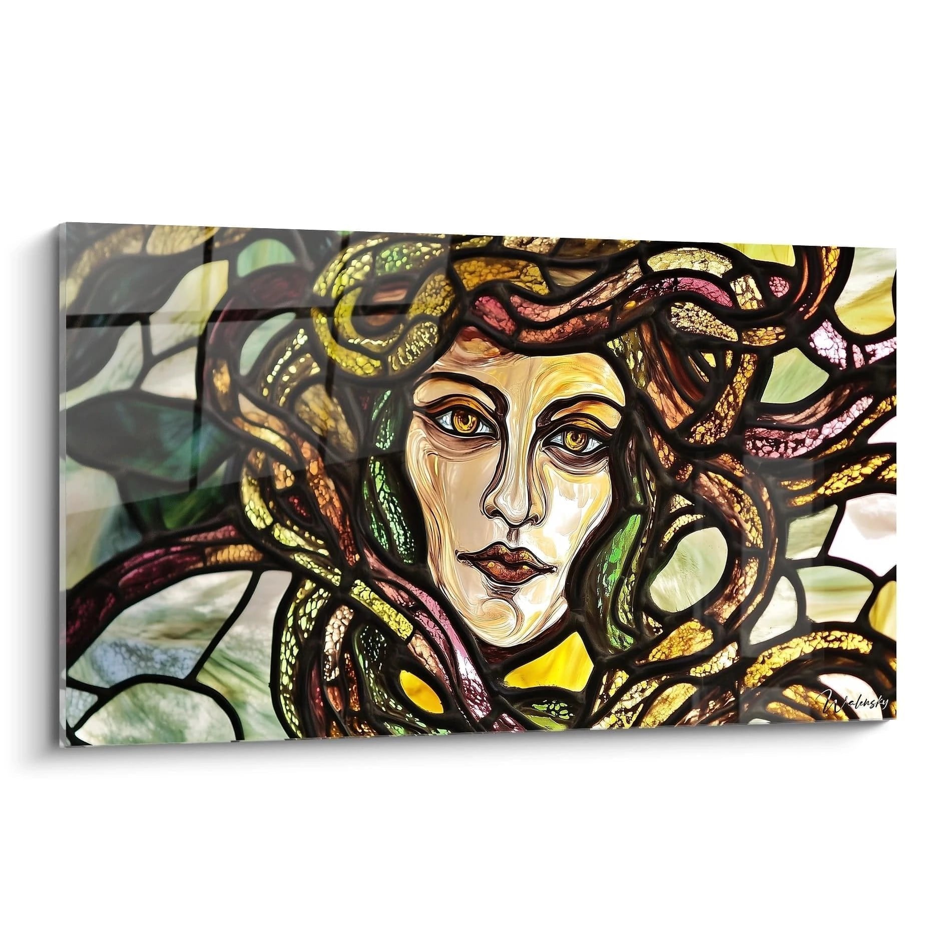 Wandbild Medusa mit Schlangenhaar in leuchtender Glasmalerei-Optik mit warmen Farbtönen