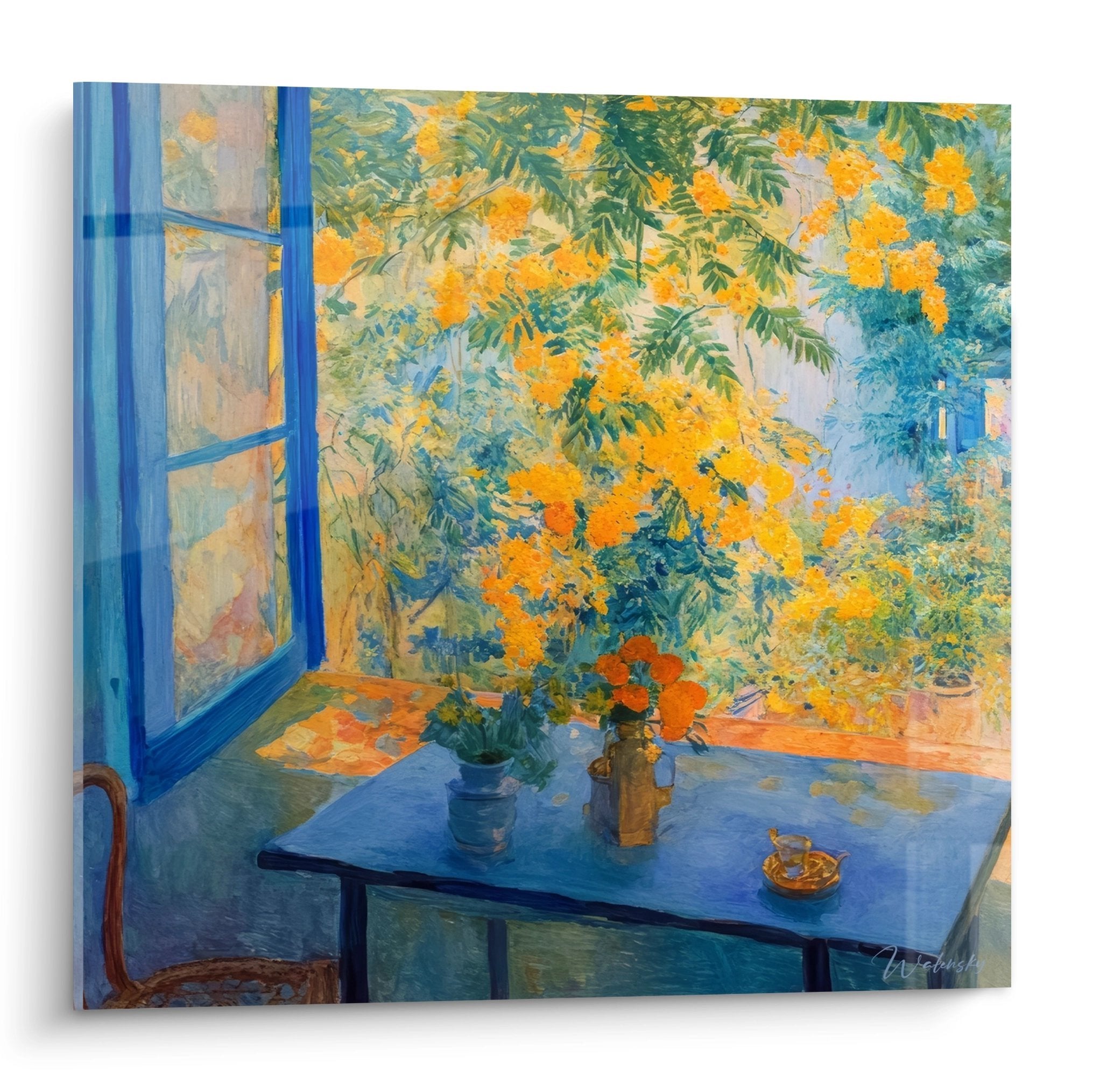 Wandbild impressionistischer Tisch am Fenster mit gelben Mimosen im Garten, blaue Fensterrahmen