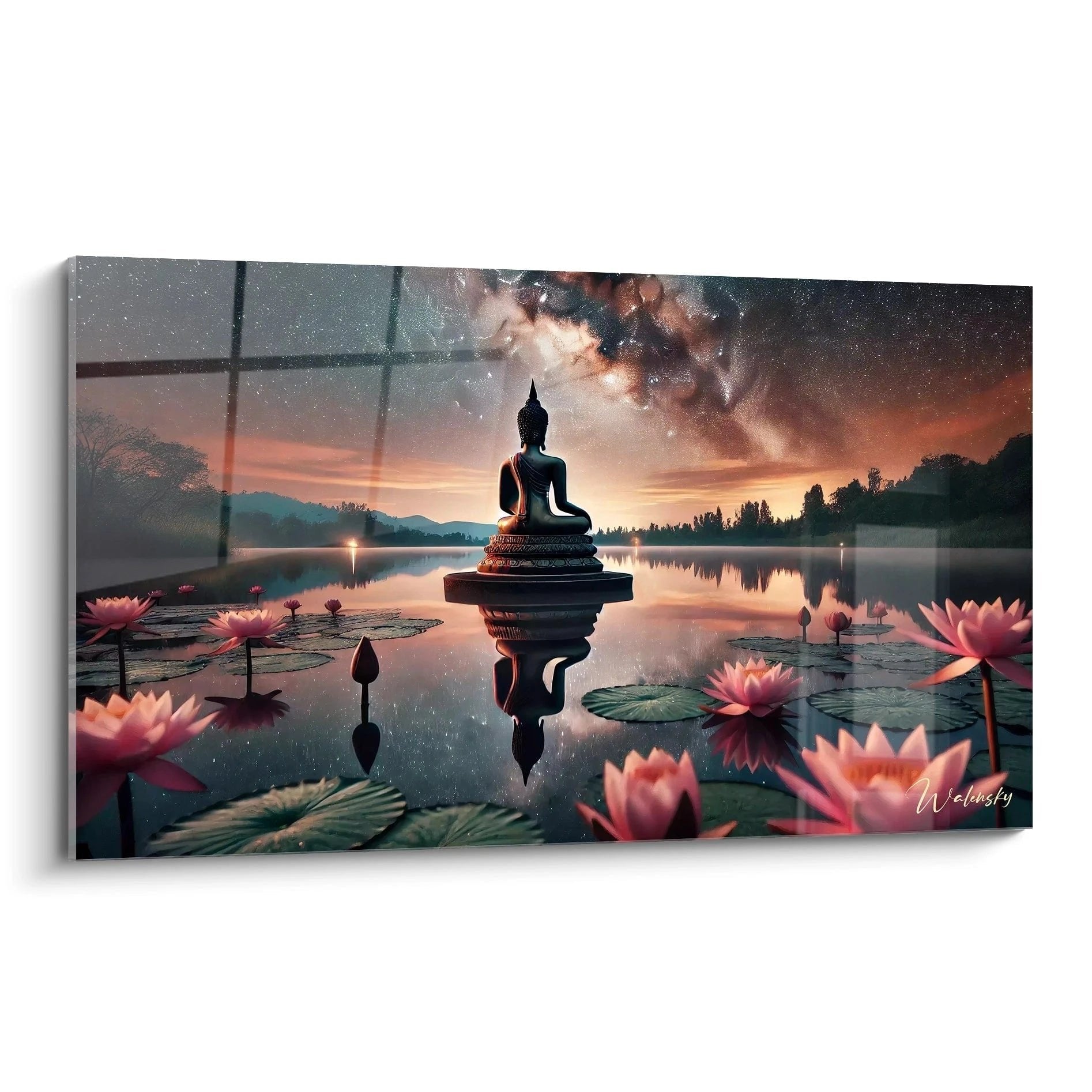 Buddha Statue in Meditation am Lotus-See mit Sternenhimmel und Sonnenuntergang als Wandbild