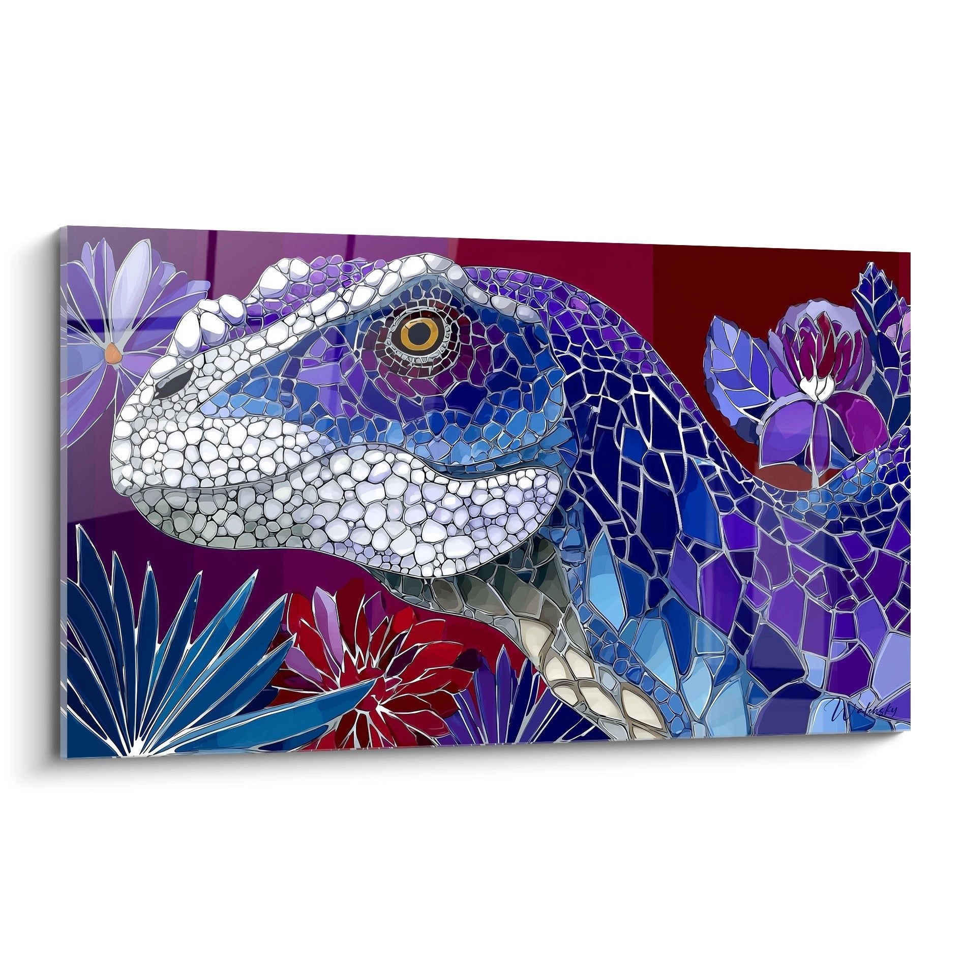 Scutosaurus Wandbild im Mosaikstil mit violetten und blauen Tönen, umgeben von tropischen Blüten