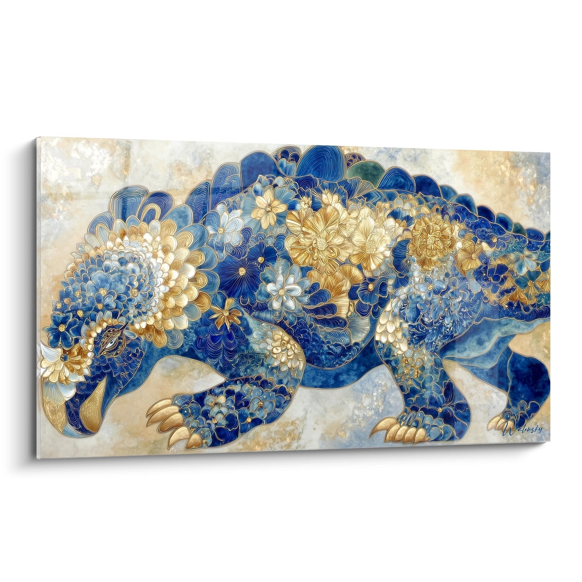 Kunstvolles Wandbild eines blauen Scutosaurus mit goldenen floralen Ornamenten auf marmoriertem Hintergrund