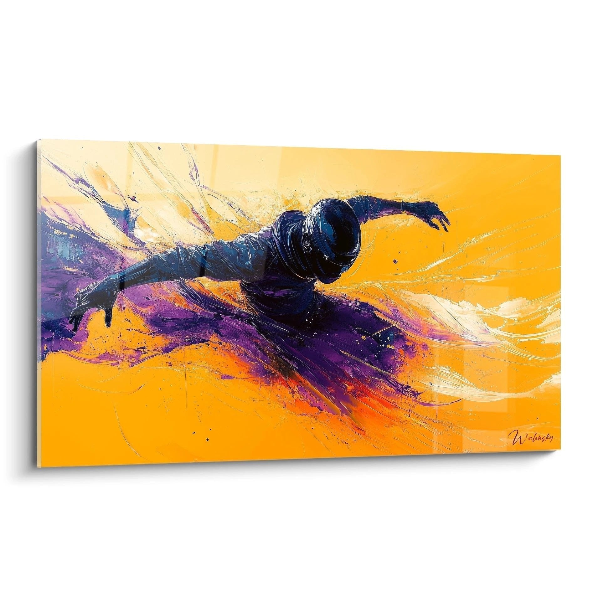 Wandbild Schwimmer in Orange und Violett mit dynamischen Pinselstrichen im Street Art Stil
