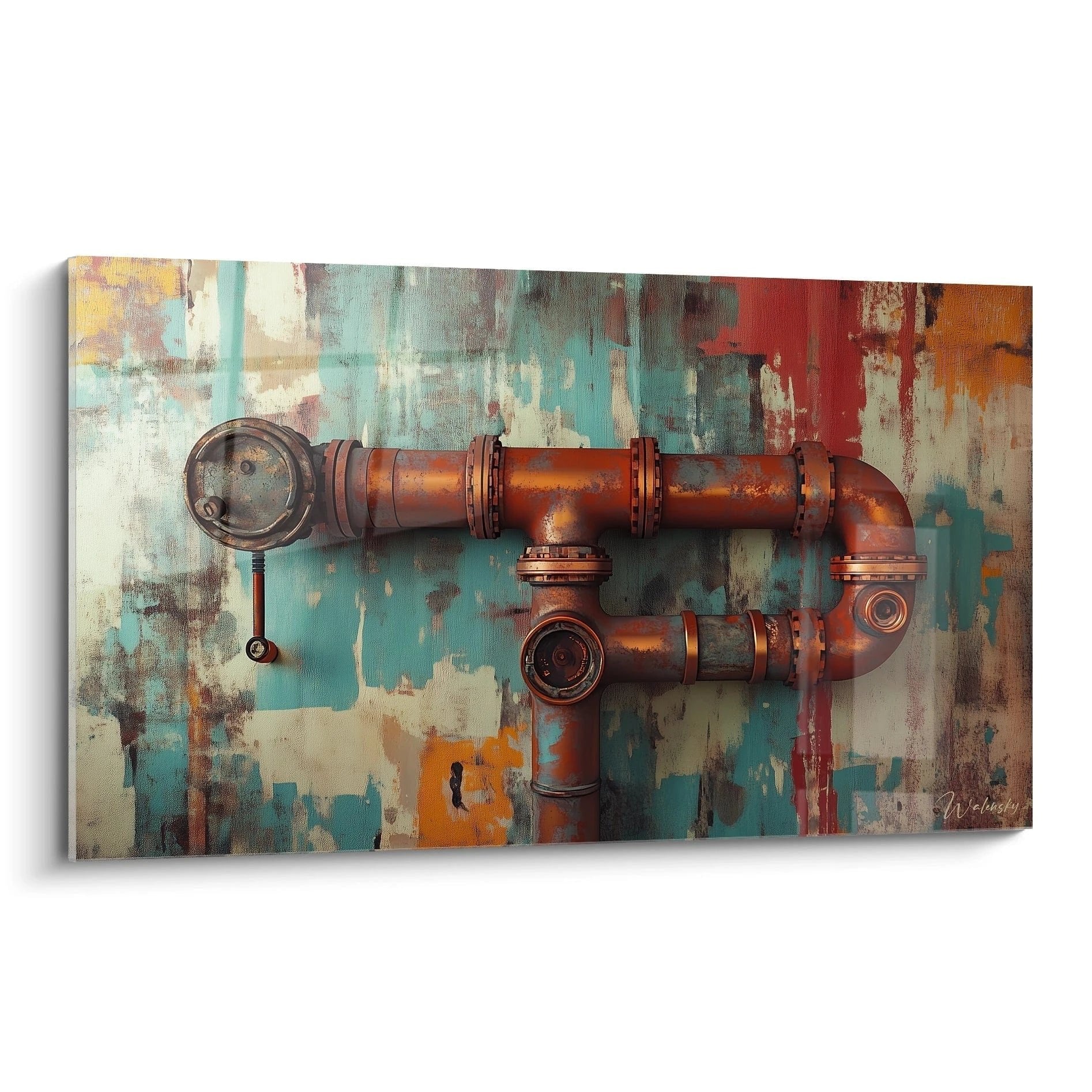 Wandbild mit kupferfarbenen Industrierohren und Druckmesser vor buntem abstraktem Hintergrund im Steampunk-Stil