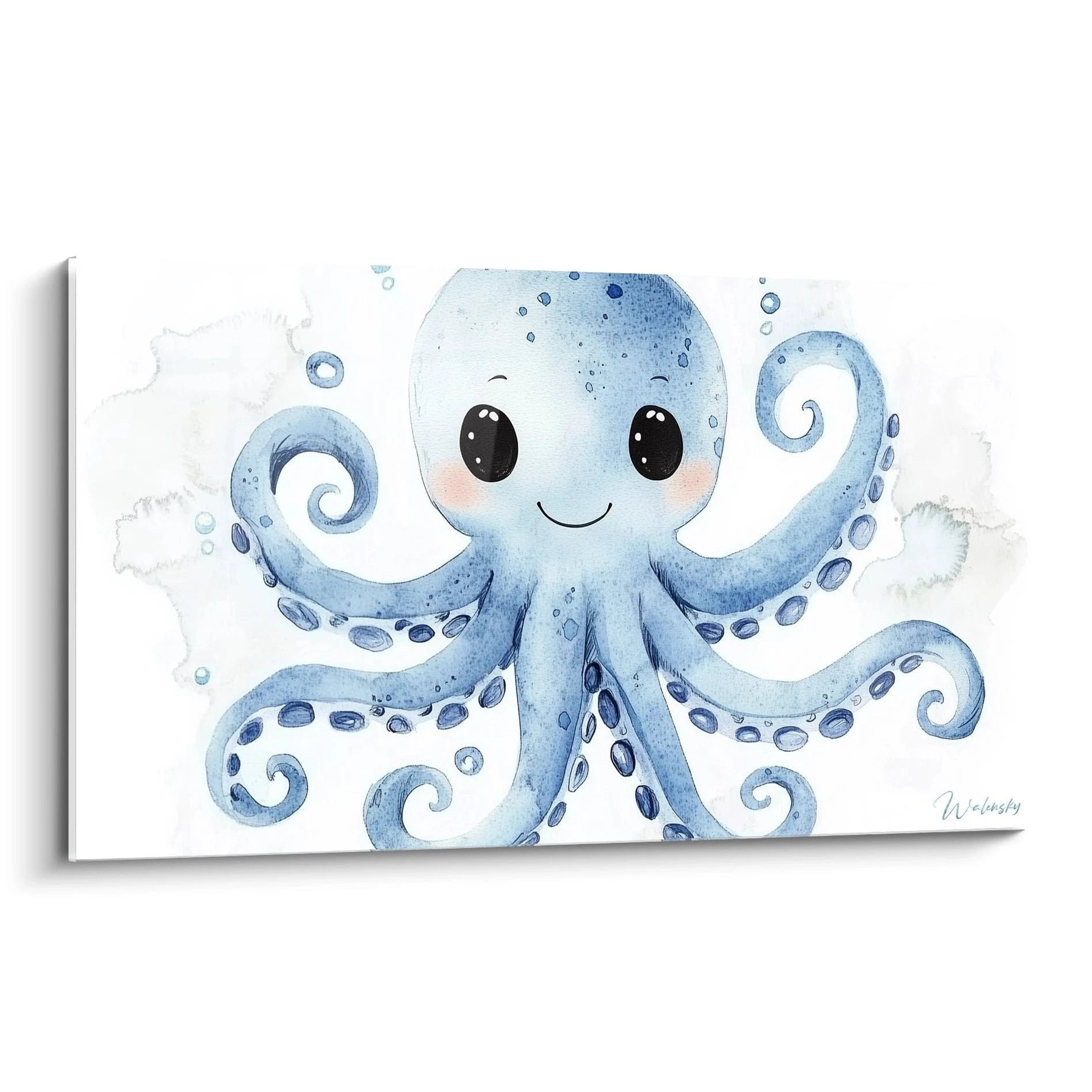 Wandbild süßer blauer Oktopus mit Kulleraugen im Aquarell-Stil für Kinderzimmer maritime Dekoration