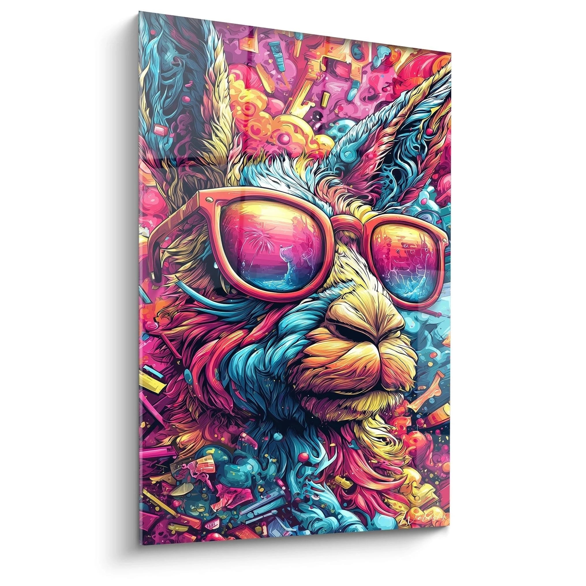 Psychedelisches Lama Wandbild mit Sonnenbrille in leuchtenden Farben - Edition Farbexplosion Kunstdruck